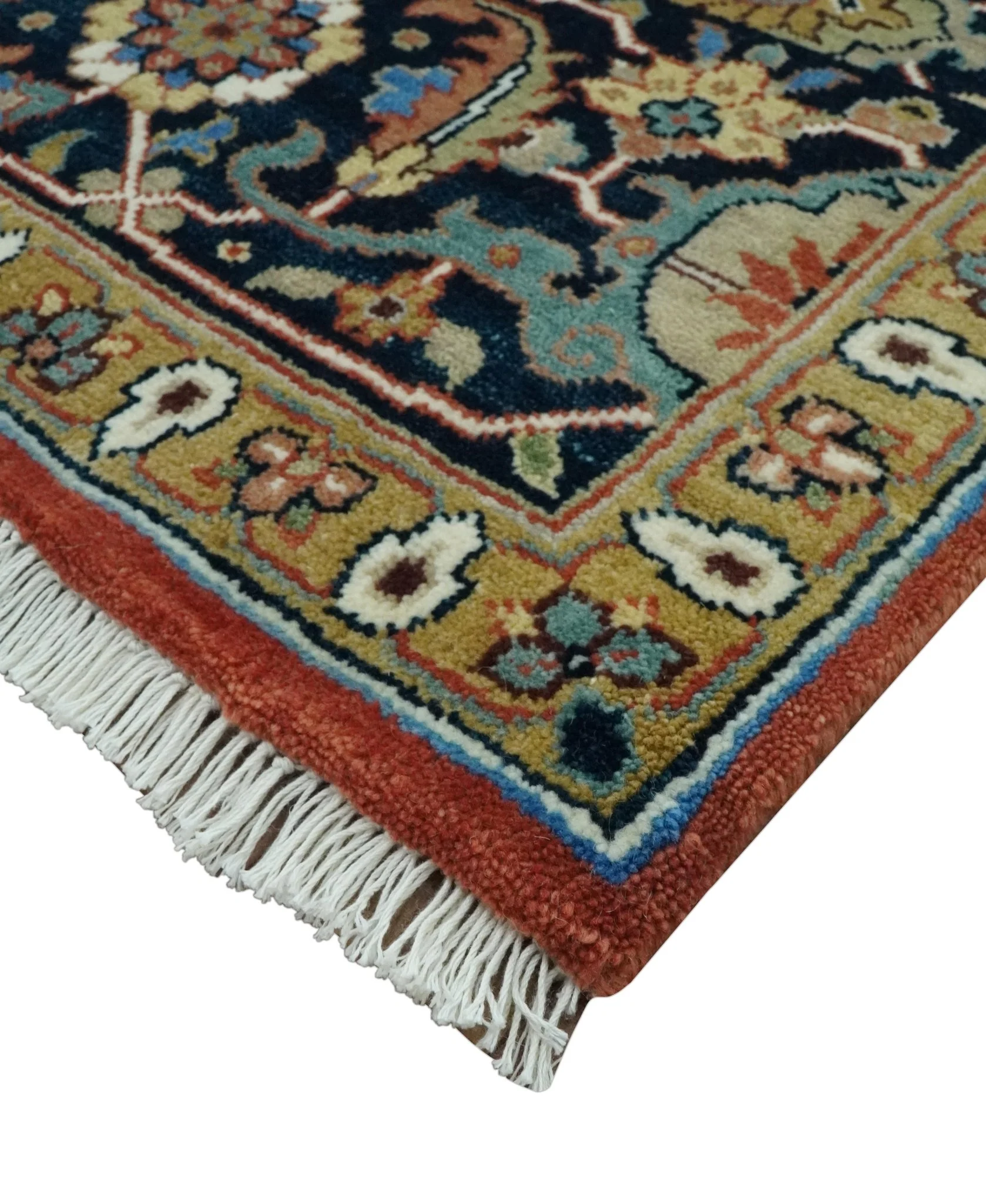 Premium look Rust, Blue and Olive 8x10 Fine Hand Knotted Traditional Heriz wool area rug - Image 5