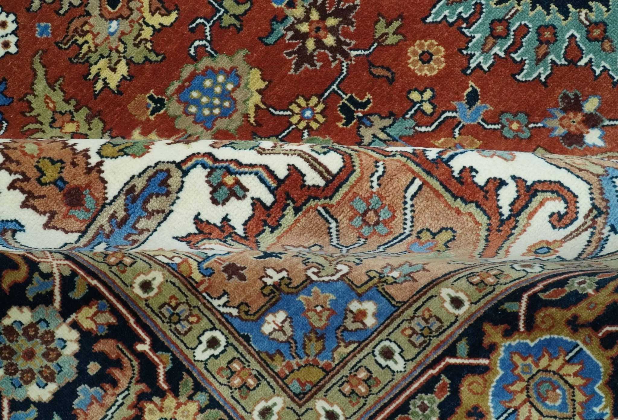 Premium look Rust, Blue and Olive 8x10 Fine Hand Knotted Traditional Heriz wool area rug - Image 6