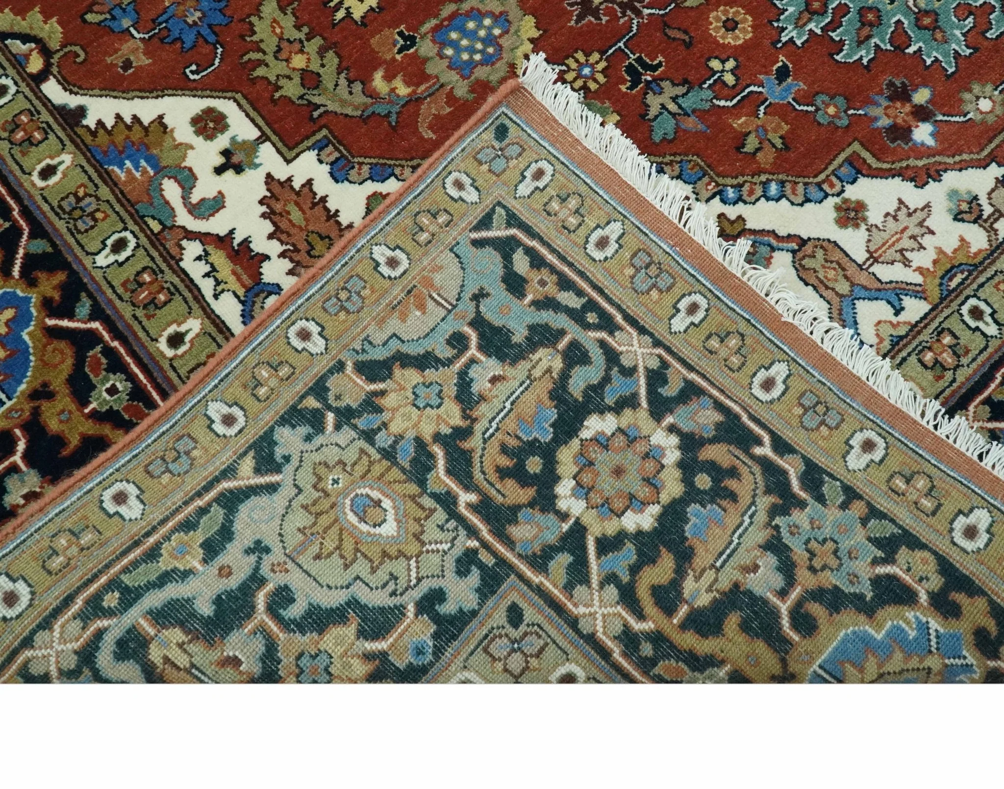 Premium look Rust, Blue and Olive 8x10 Fine Hand Knotted Traditional Heriz wool area rug - Image 7