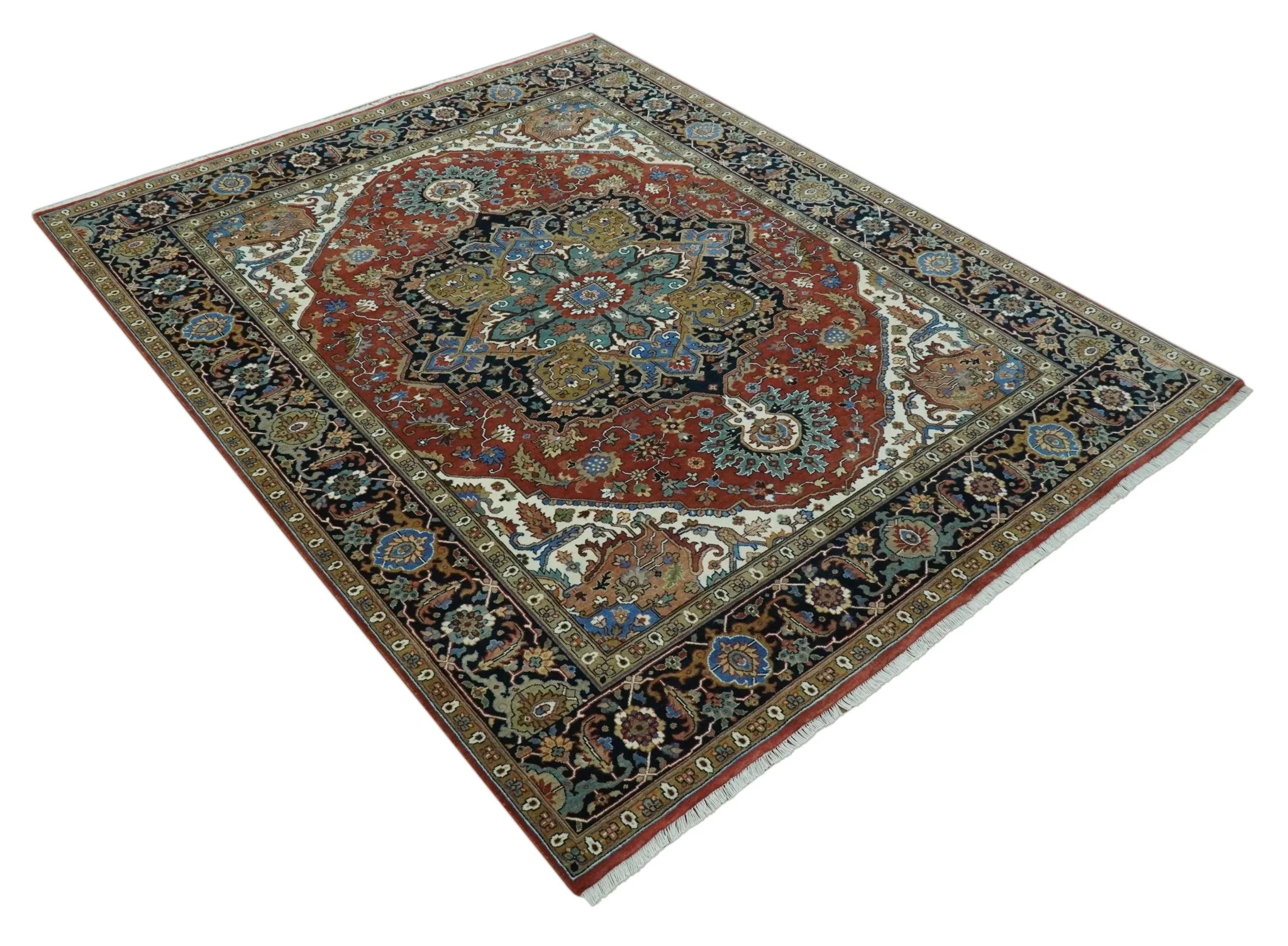 Premium look Rust, Blue and Olive 8x10 Fine Hand Knotted Traditional Heriz wool area rug - Image 9