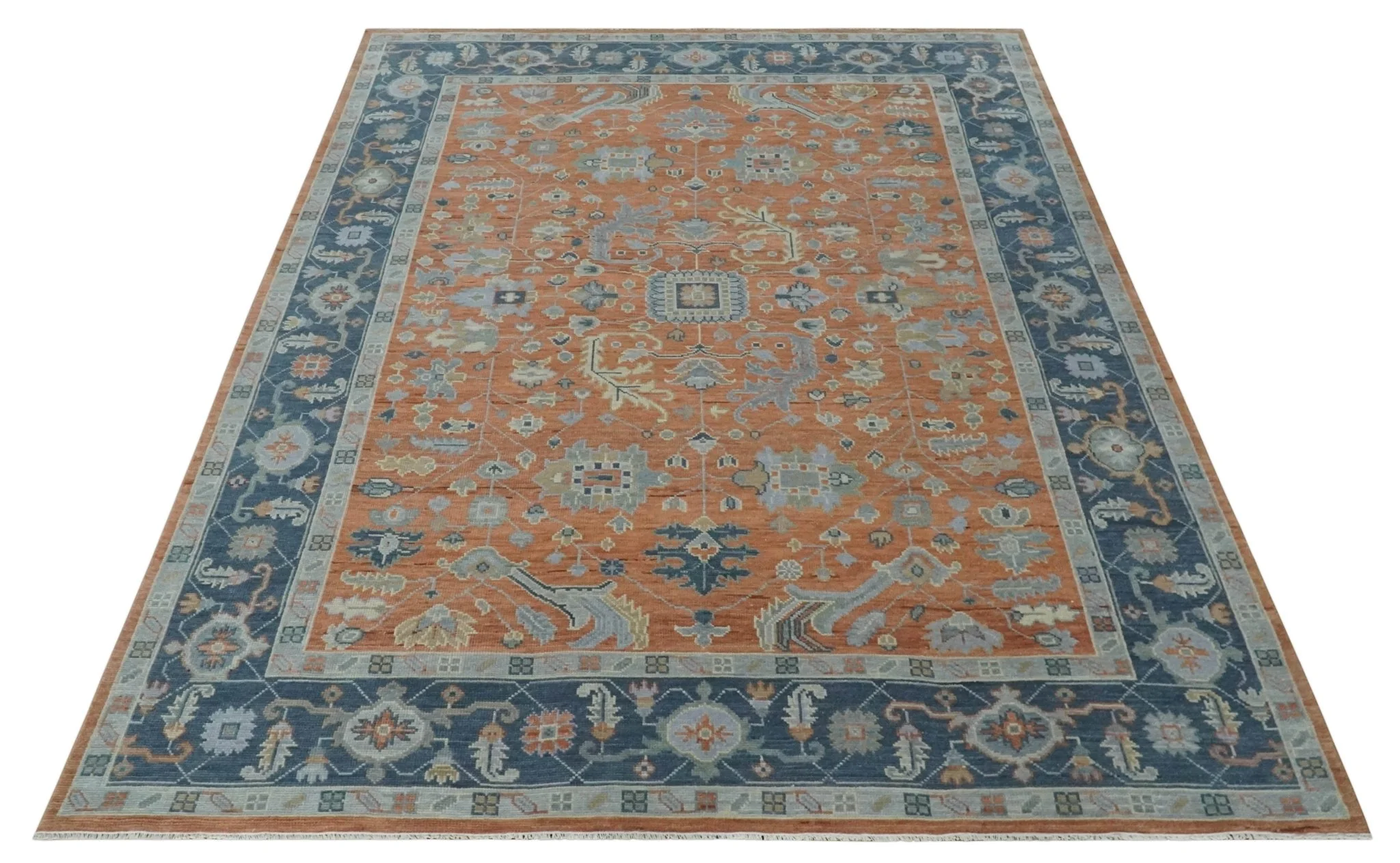 Rust, Blue and Silver Hand Knotted Traditional Multi Size Oushak Wool Area Rug - Image 10