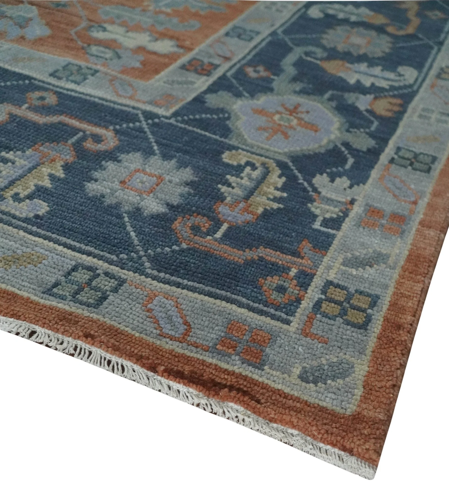 Rust, Blue and Silver Hand Knotted Traditional Multi Size Oushak Wool Area Rug - Image 5