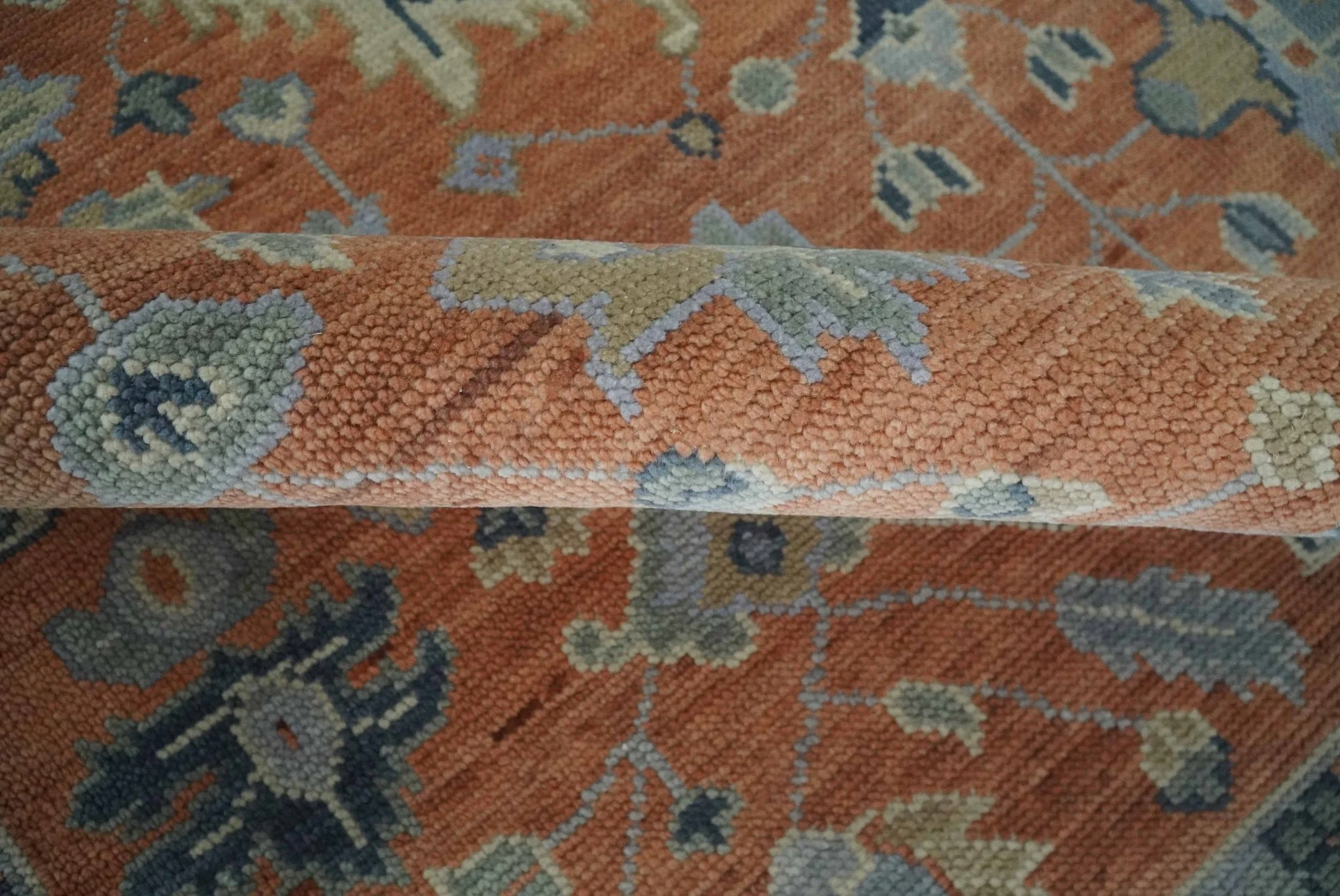 Rust, Blue and Silver Hand Knotted Traditional Multi Size Oushak Wool Area Rug - Image 6