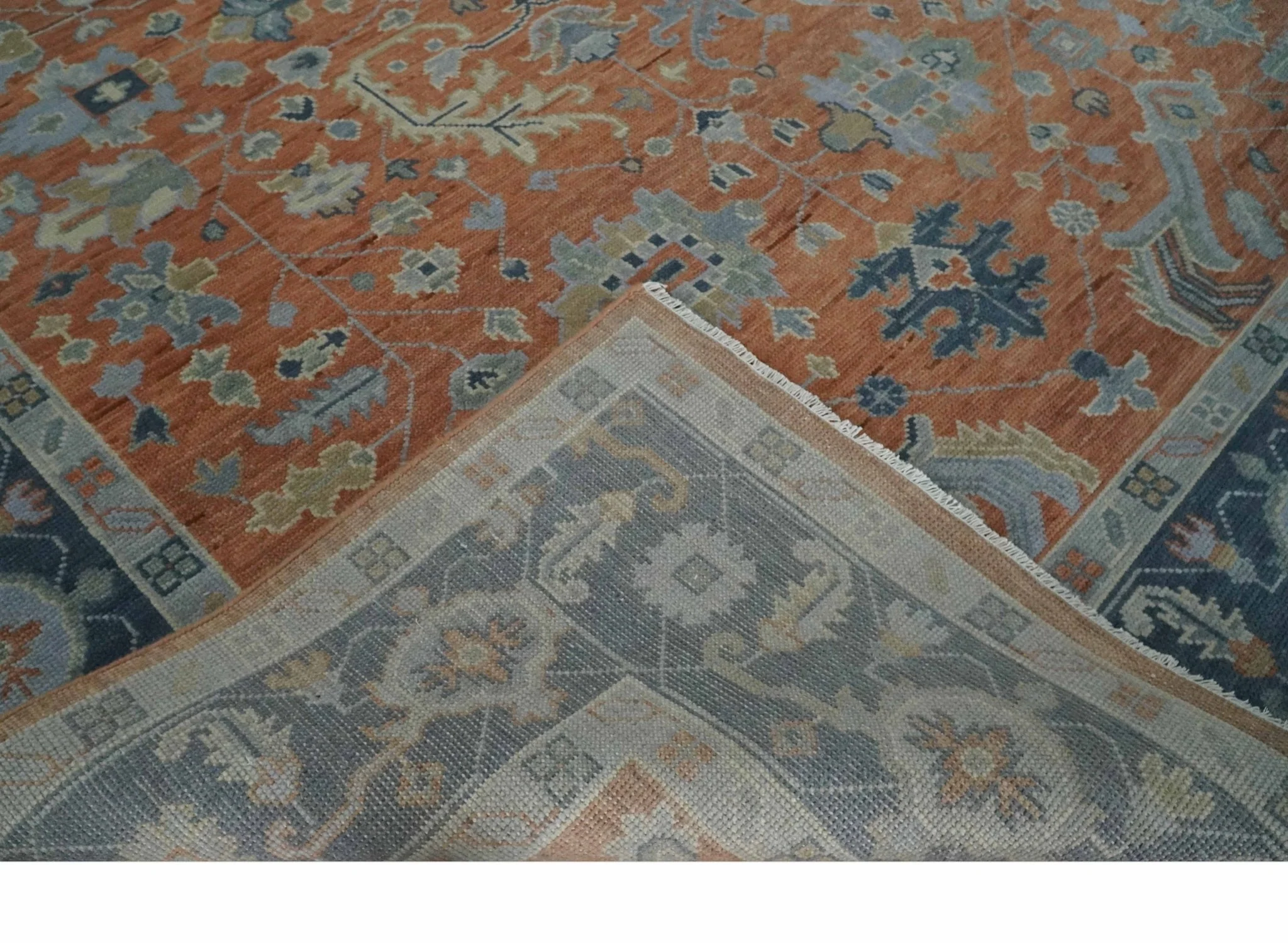 Rust, Blue and Silver Hand Knotted Traditional Multi Size Oushak Wool Area Rug - Image 7