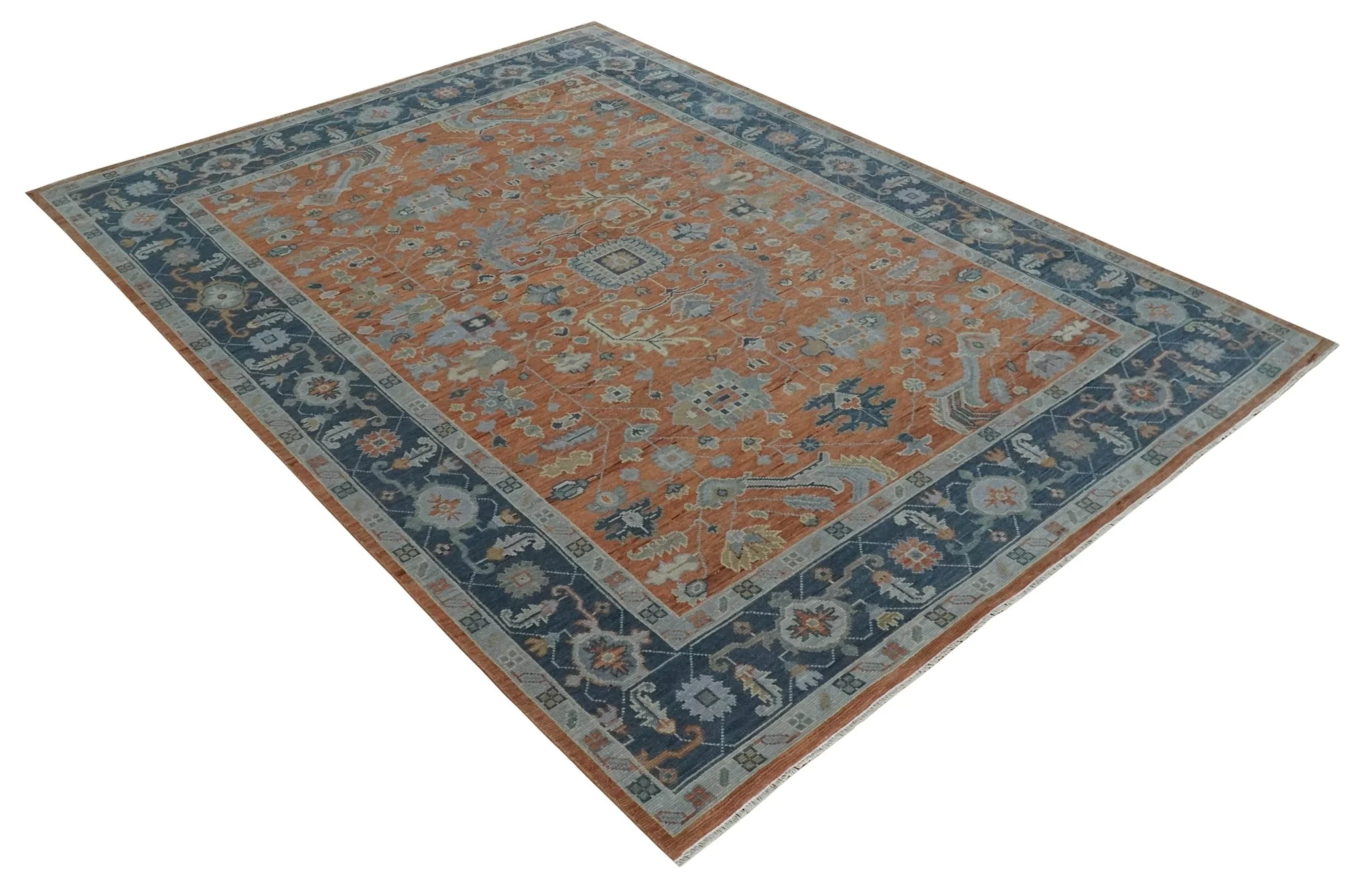 Rust, Blue and Silver Hand Knotted Traditional Multi Size Oushak Wool Area Rug - Image 9