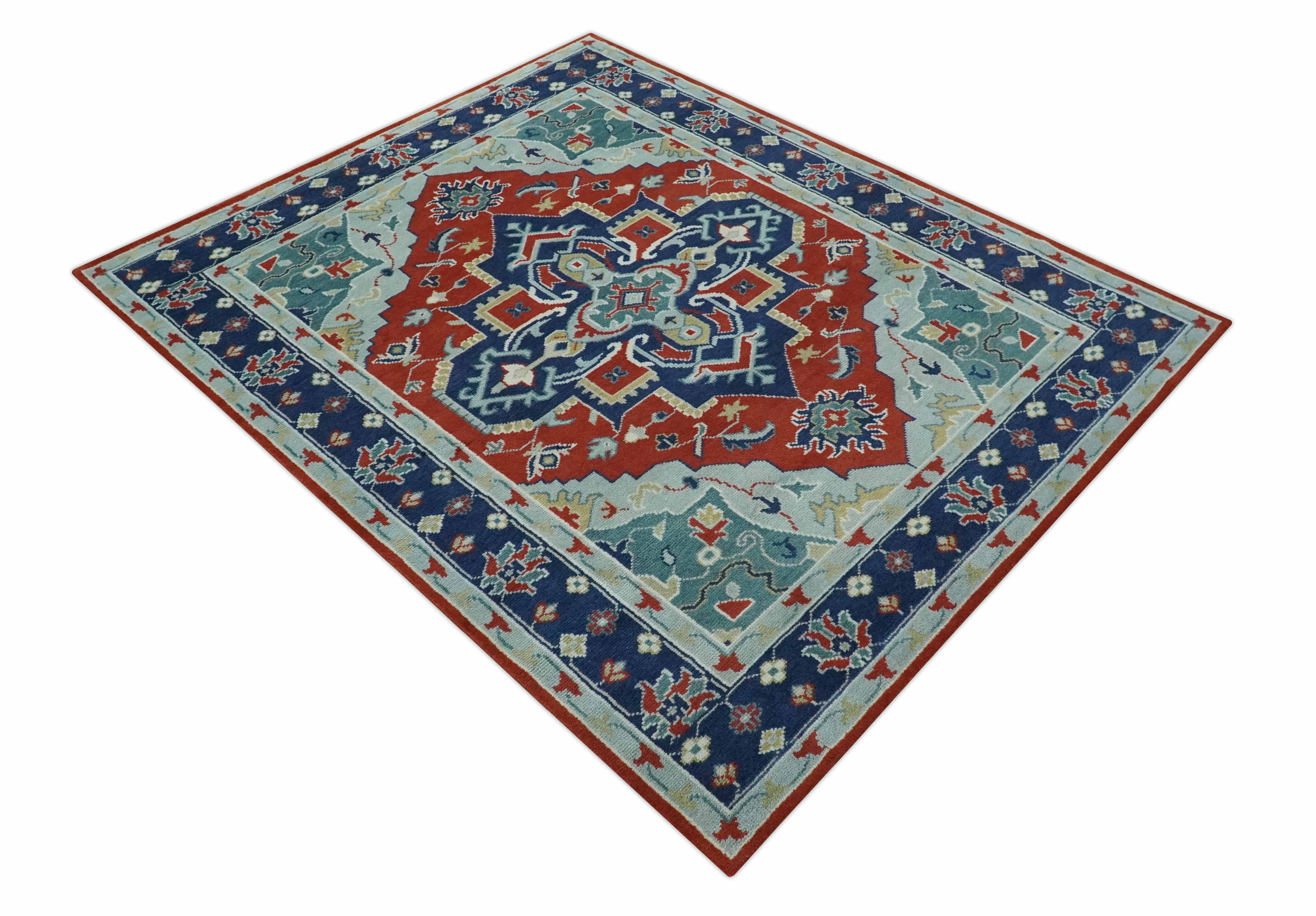 Custom Made Rust, Blue and Silver hand knotted Traditional Heriz wool area rug - Image 10