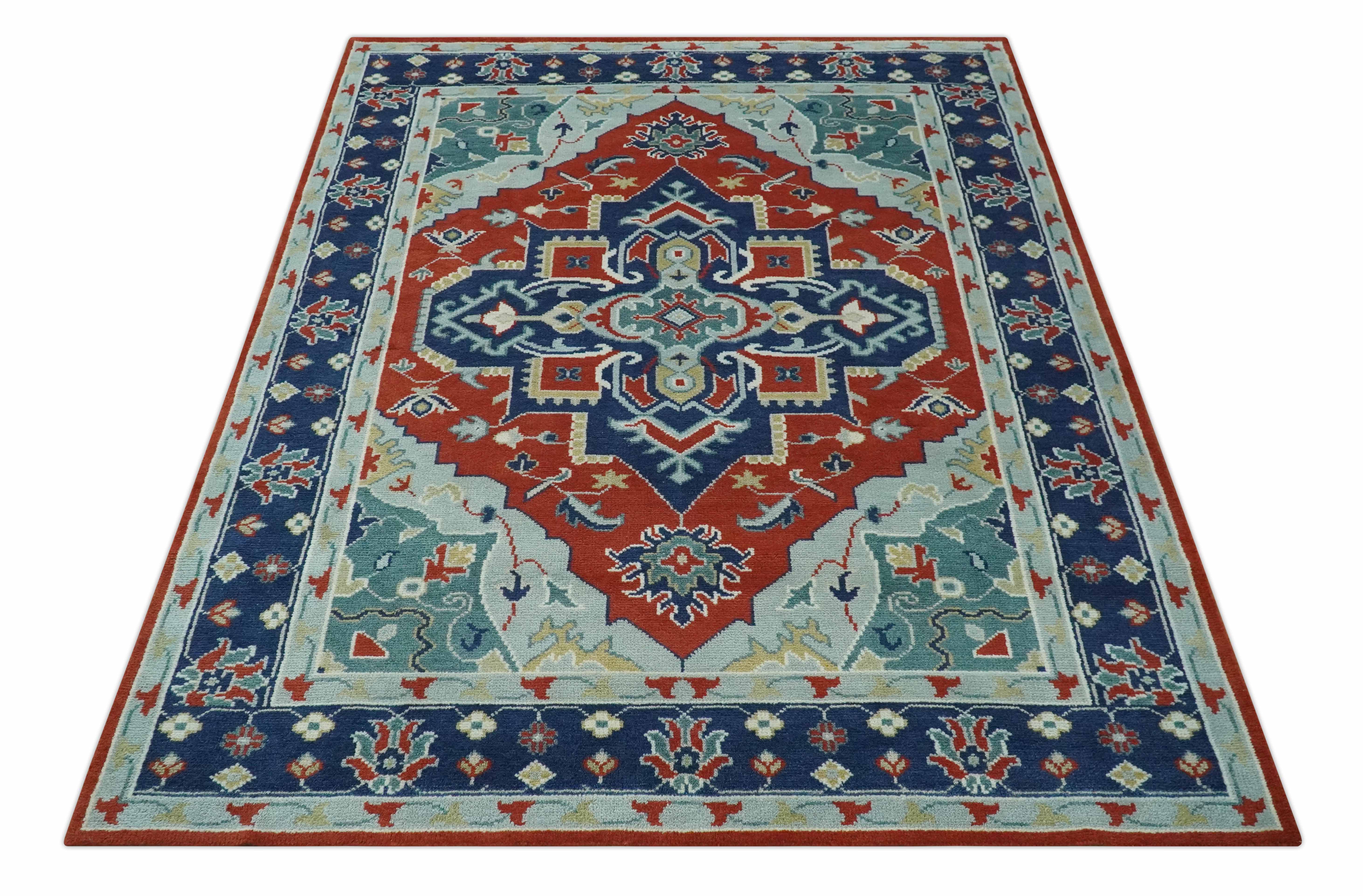 Custom Made Rust, Blue and Silver hand knotted Traditional Heriz wool area rug - Image 11
