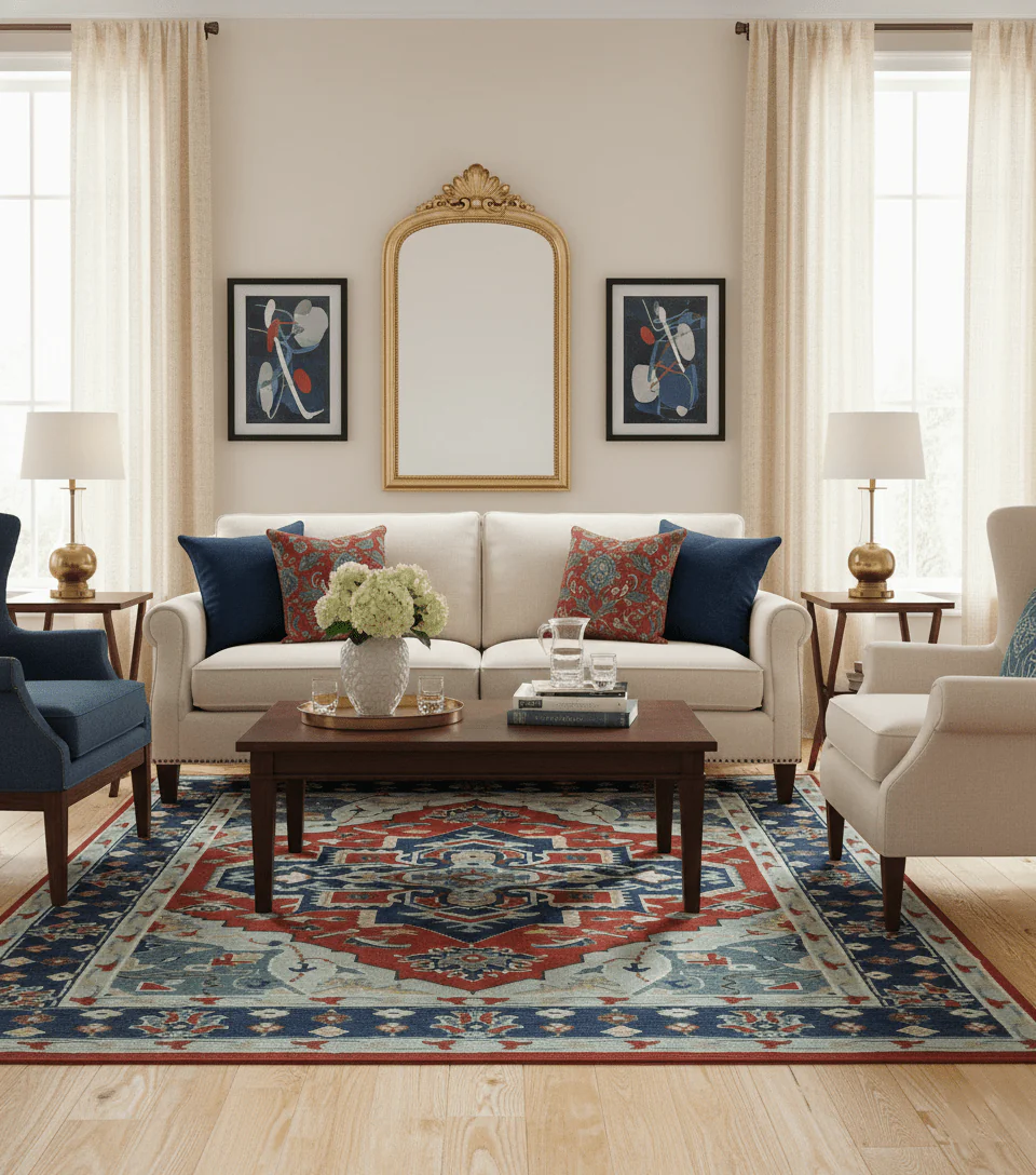 Custom Made Rust, Blue and Silver hand knotted Traditional Heriz wool area rug - Image 2