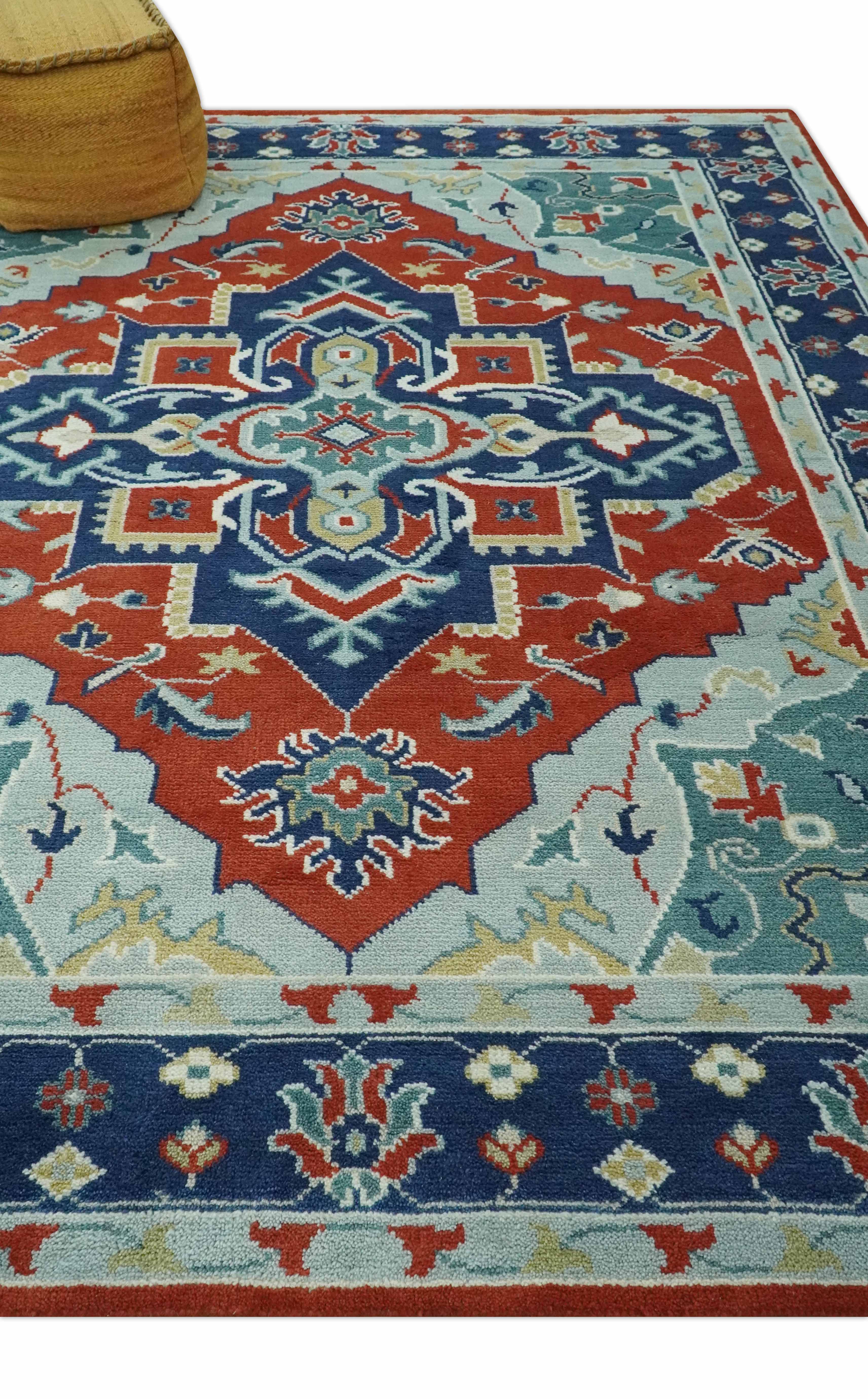 Custom Made Rust, Blue and Silver hand knotted Traditional Heriz wool area rug - Image 4