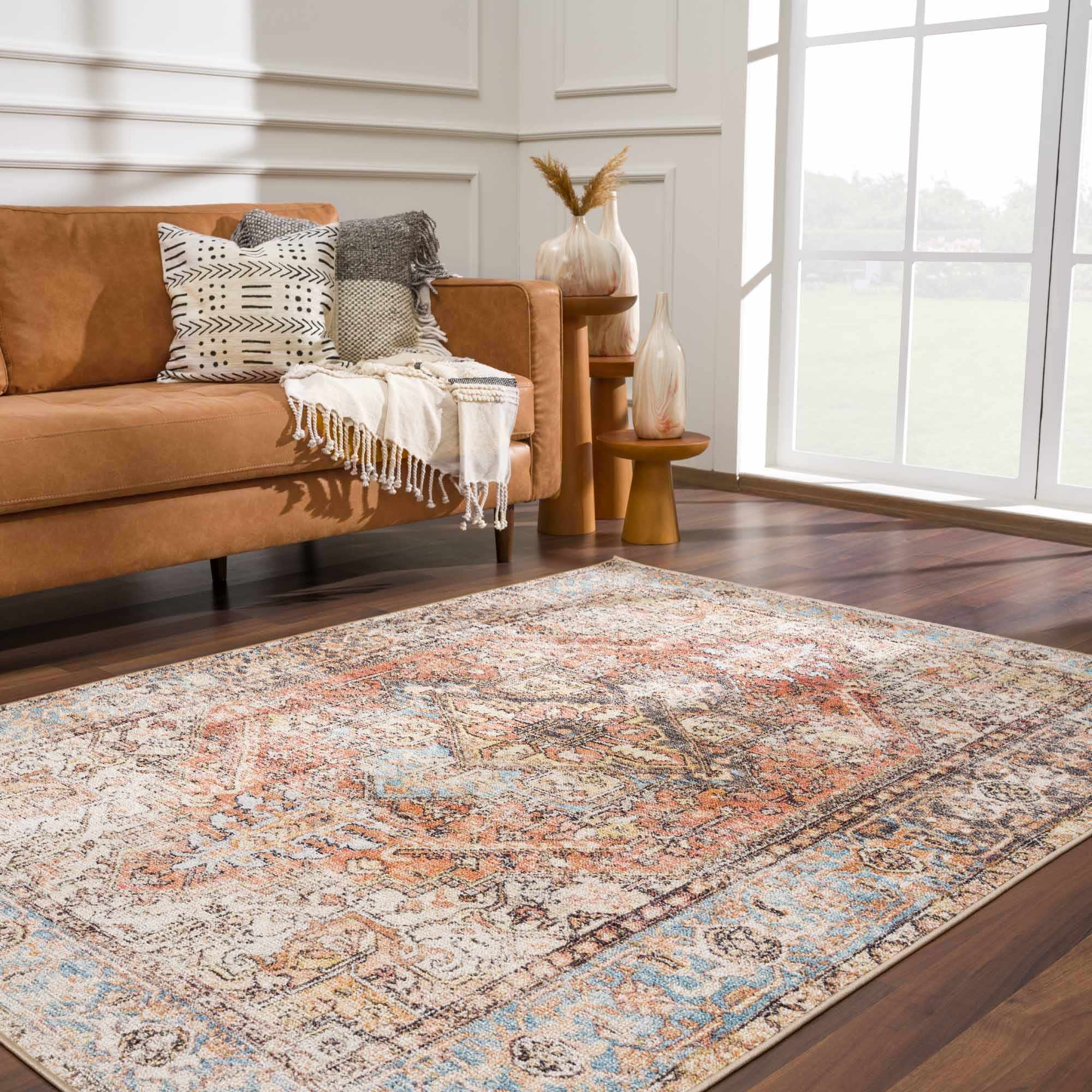 Antique style Rust, Blue, Beige and Charcoal Traditional Heriz Washable Area Rug - Image 19
