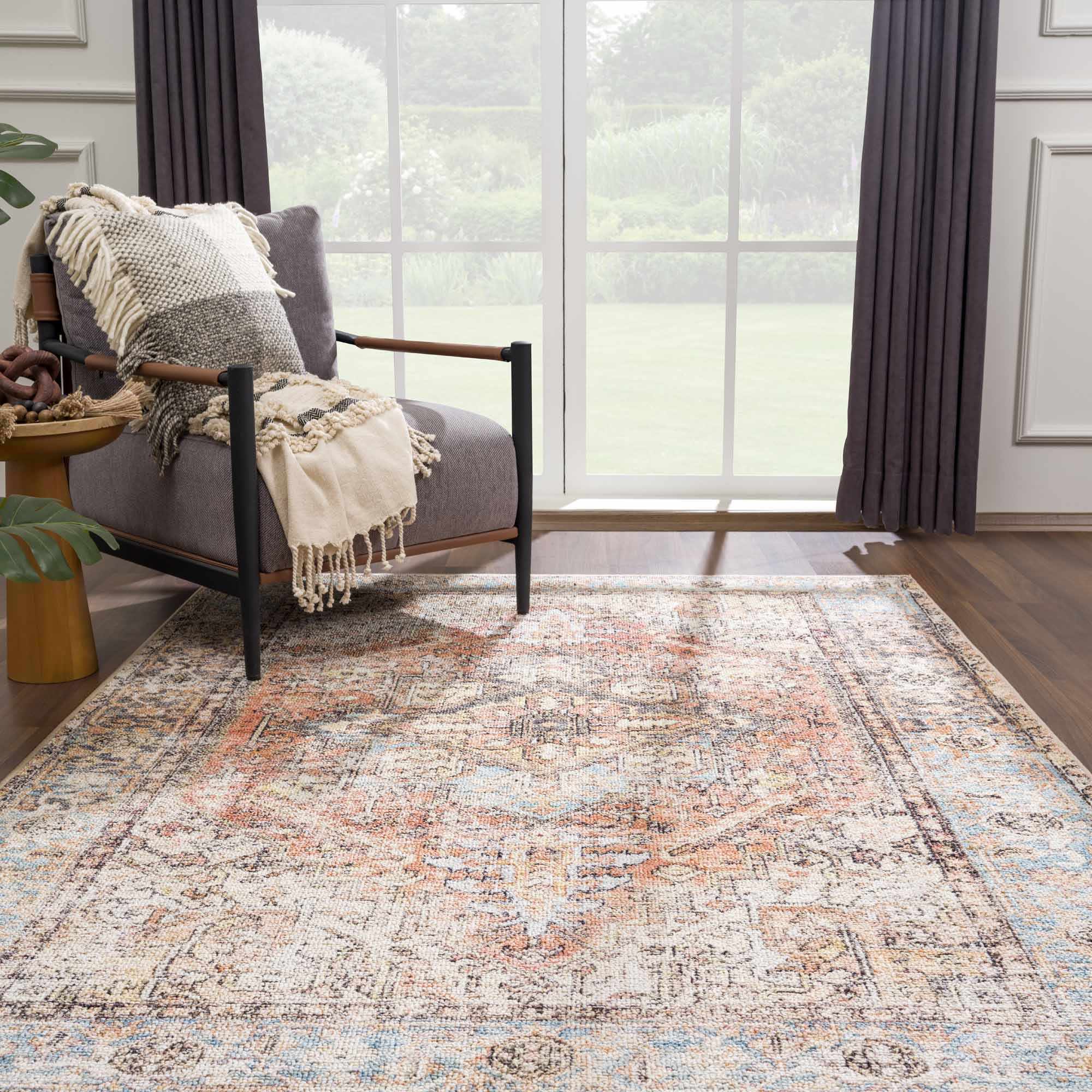 Antique style Rust, Blue, Beige and Charcoal Traditional Heriz Washable Area Rug - Image 20