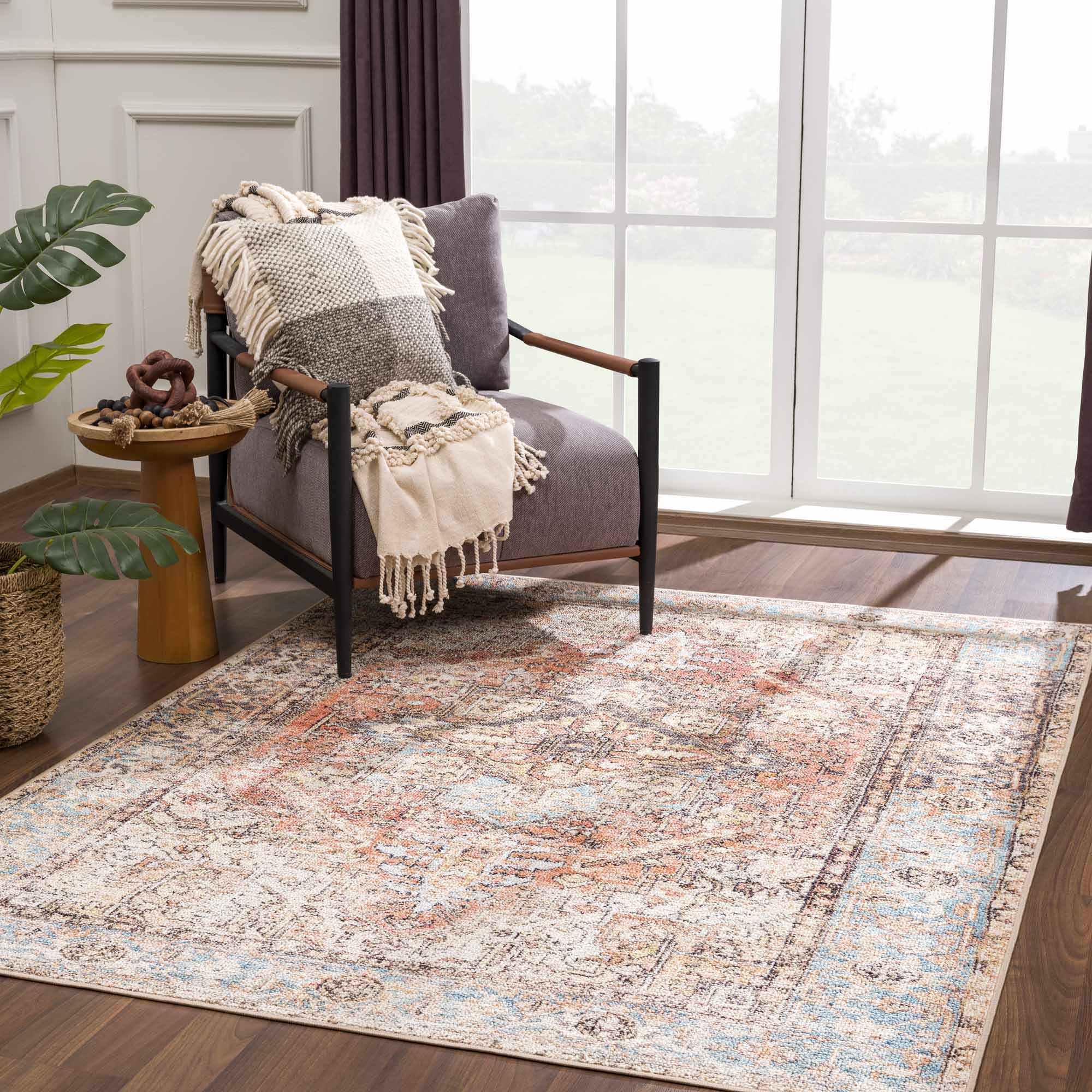 Antique style Rust, Blue, Beige and Charcoal Traditional Heriz Washable Area Rug - Image 6