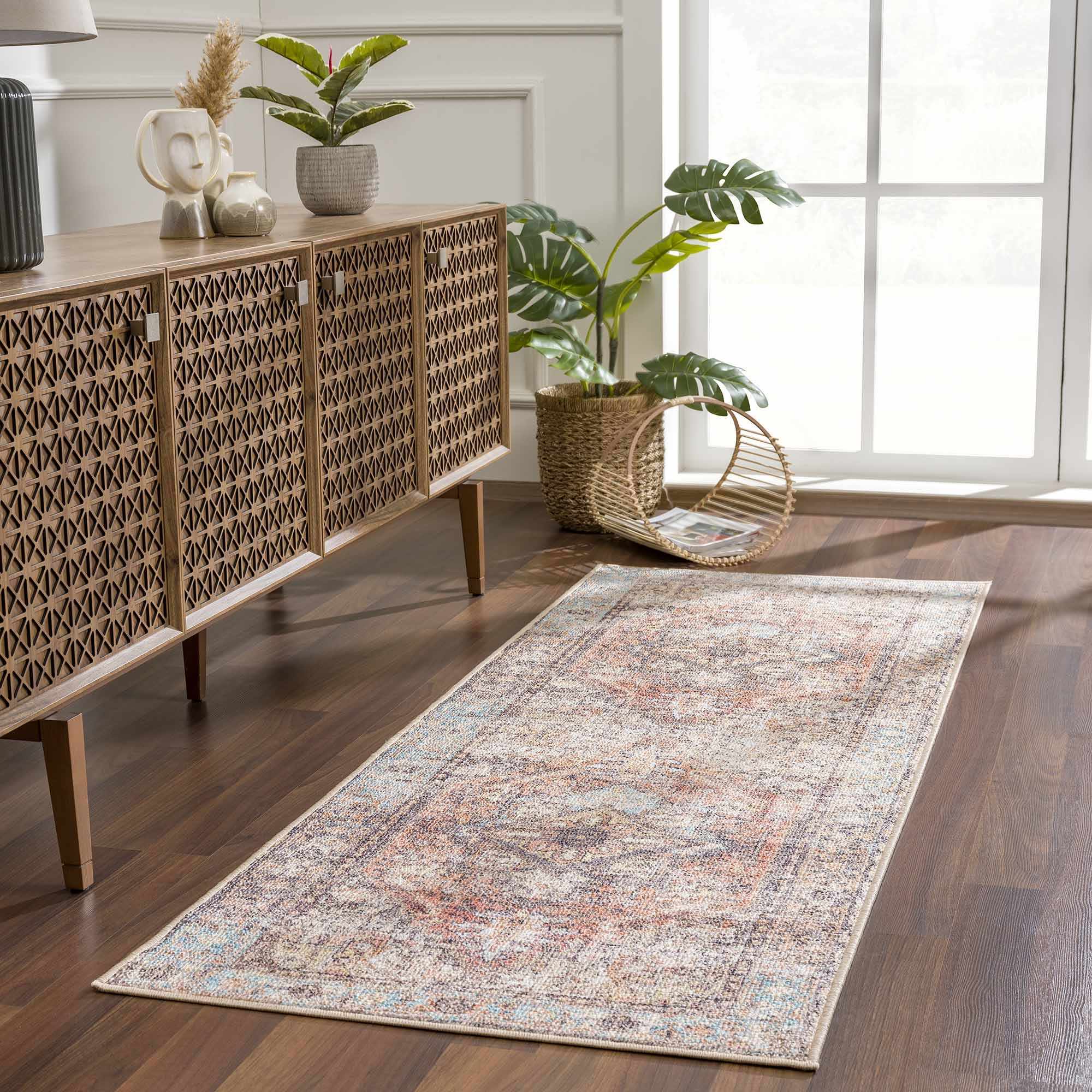 Antique style Rust, Blue, Beige and Charcoal Traditional Heriz Washable Area Rug - Image 7