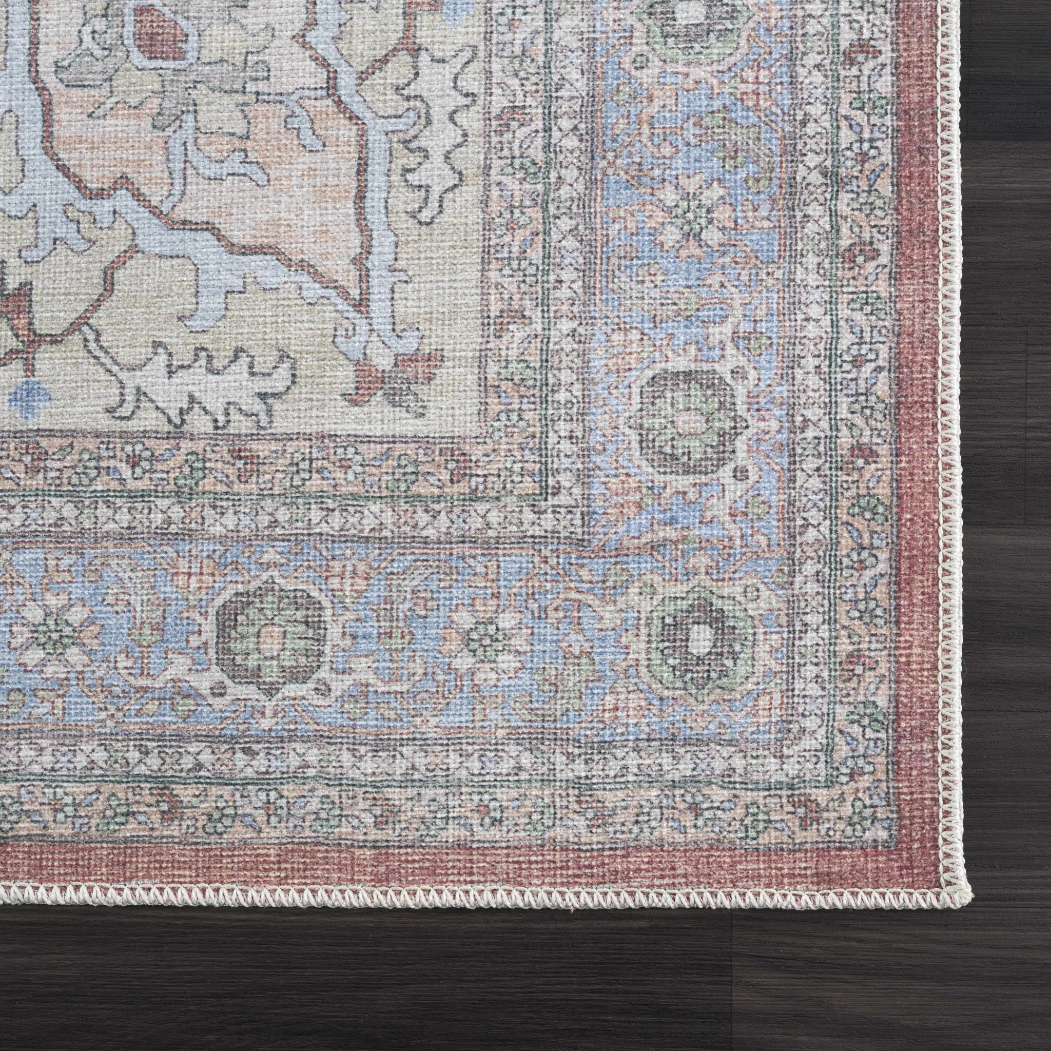 Rust, Blue and Beige Traditional Heriz Medallion Washable Area Rug - Image 10