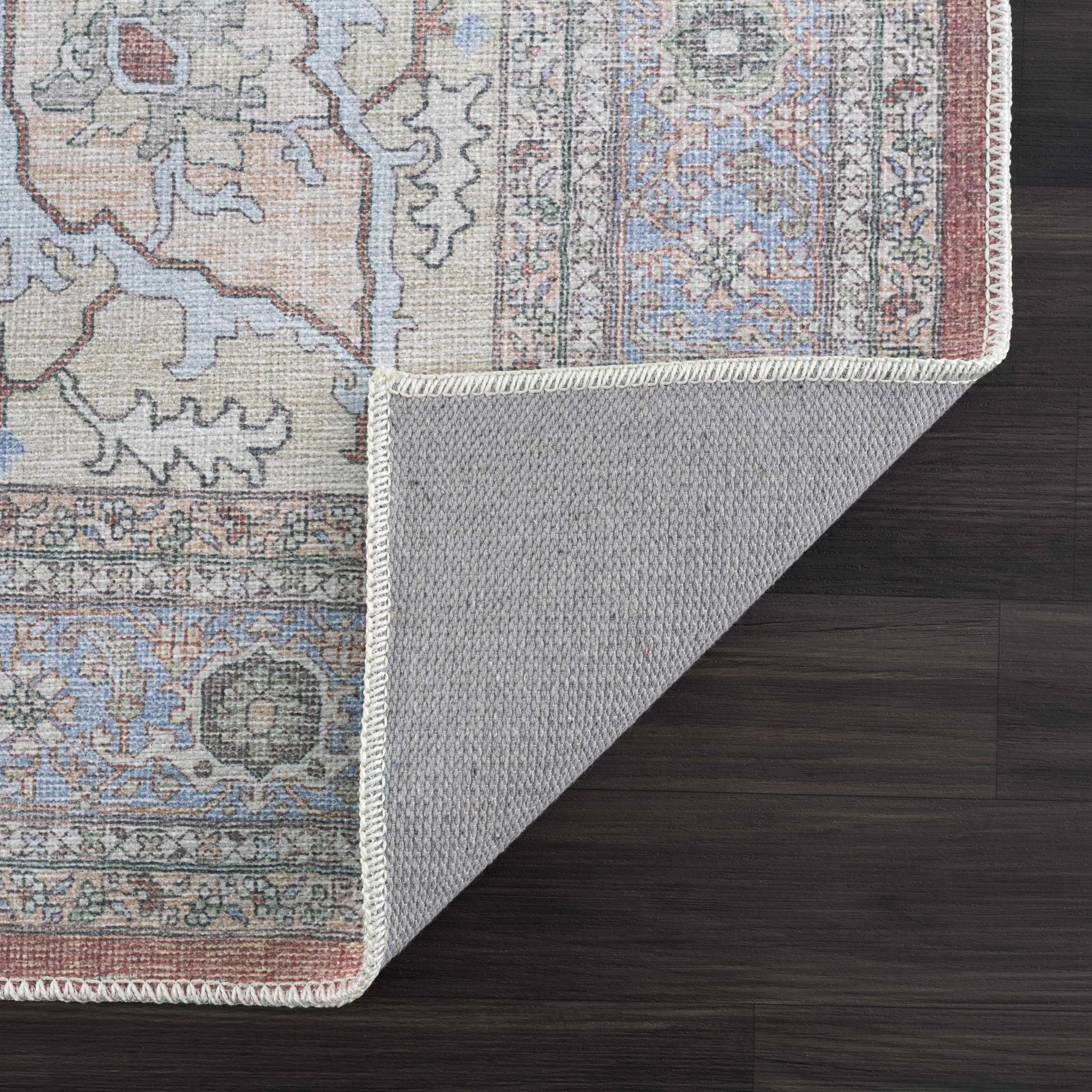 Rust, Blue and Beige Traditional Heriz Medallion Washable Area Rug - Image 11
