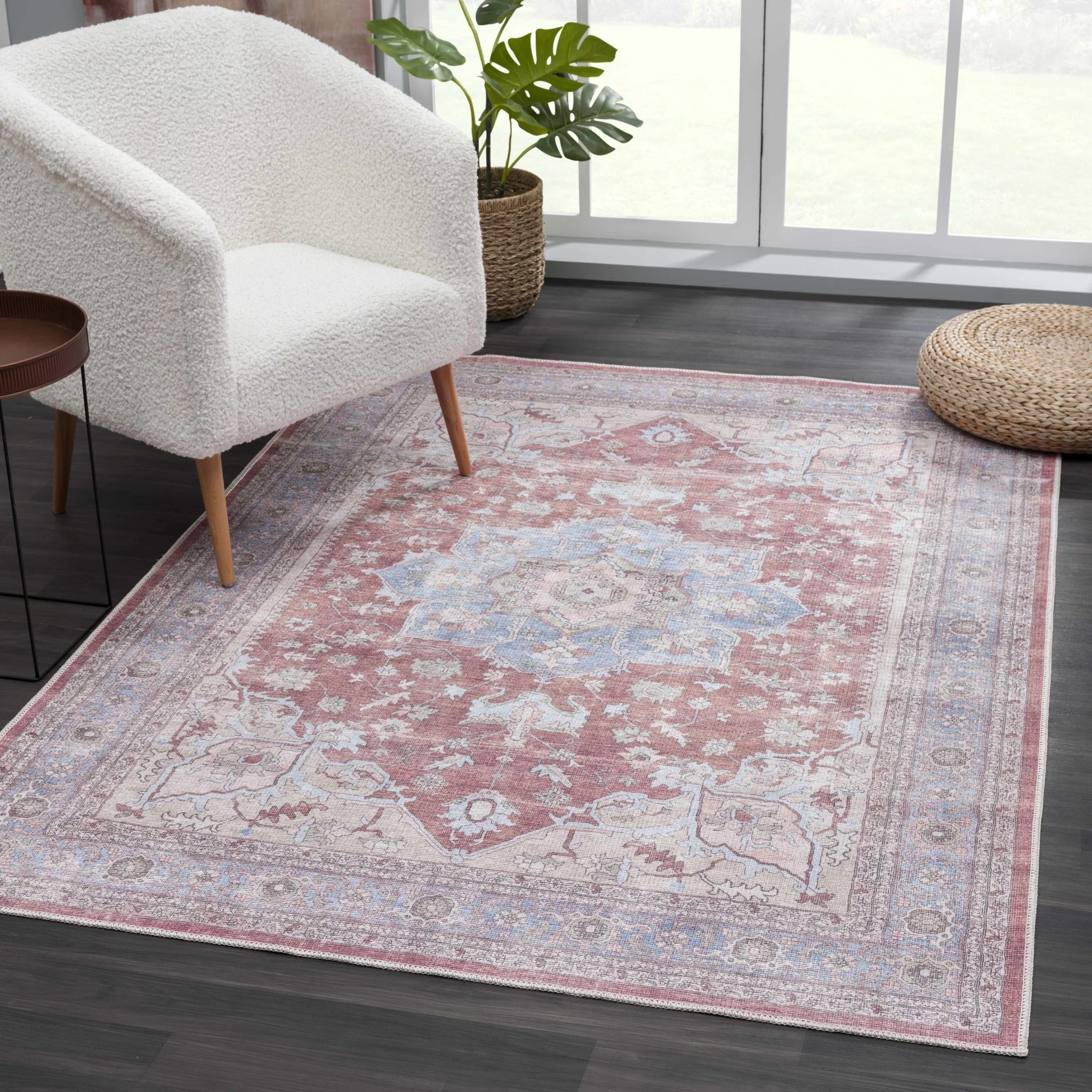 Rust, Blue and Beige Traditional Heriz Medallion Washable Area Rug - Image 14