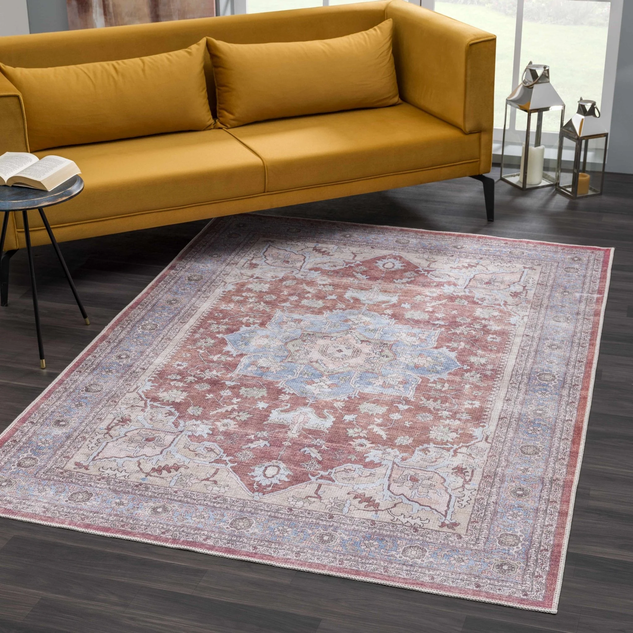 Rust, Blue and Beige Traditional Heriz Medallion Washable Area Rug - Image 15