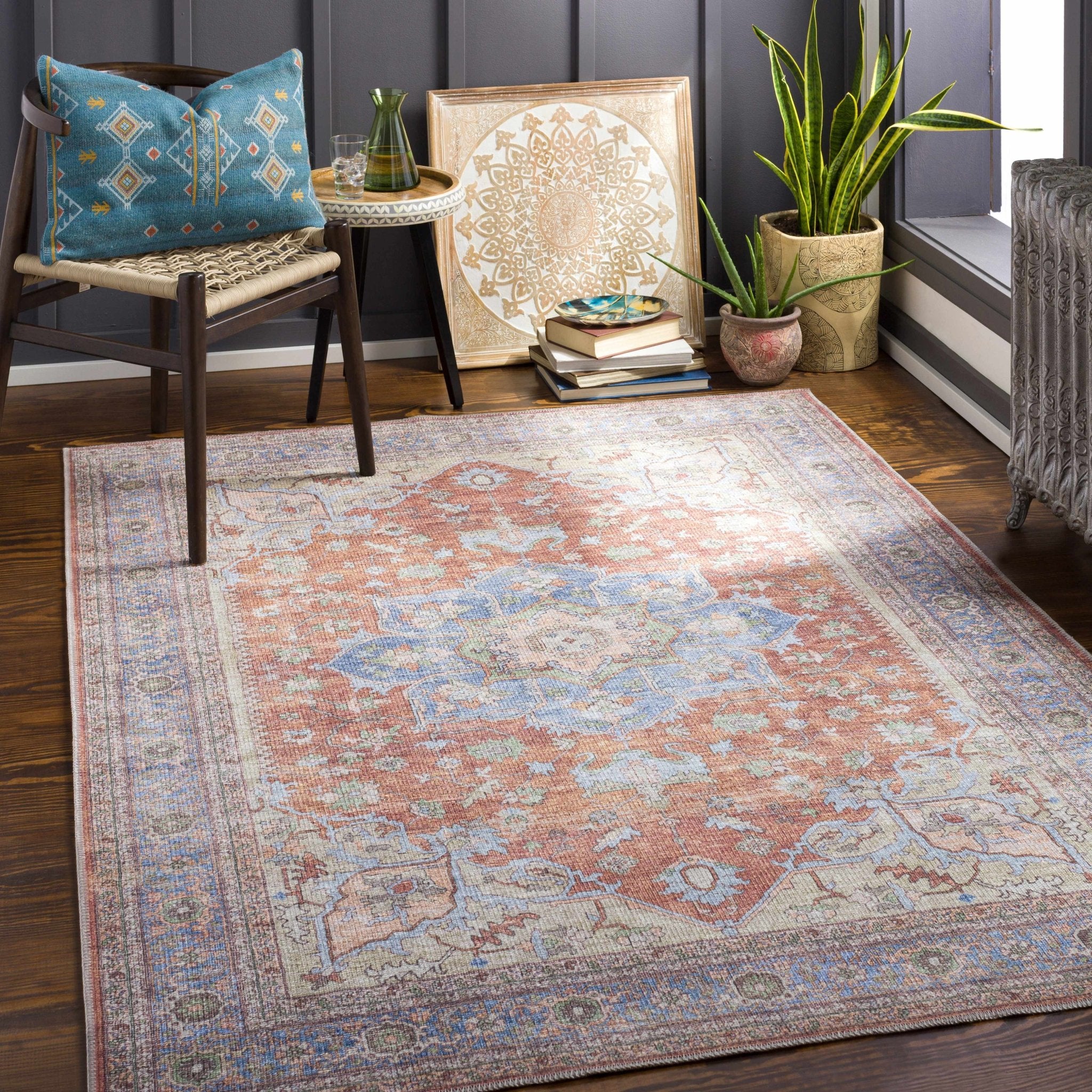 Rust, Blue and Beige Traditional Heriz Medallion Washable Area Rug - Image 18