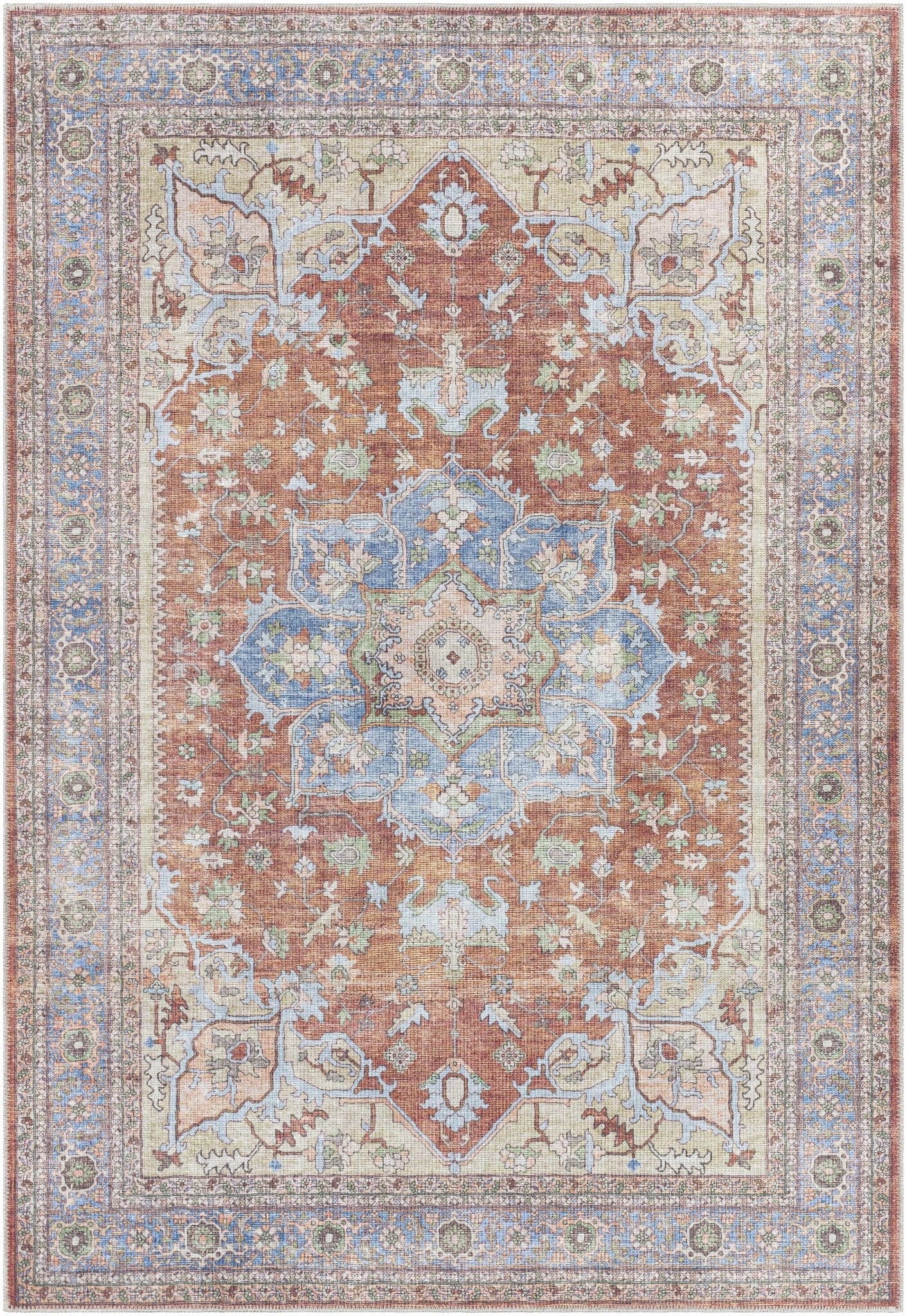 Rust, Blue and Beige Traditional Heriz Medallion Washable Area Rug - Image 2