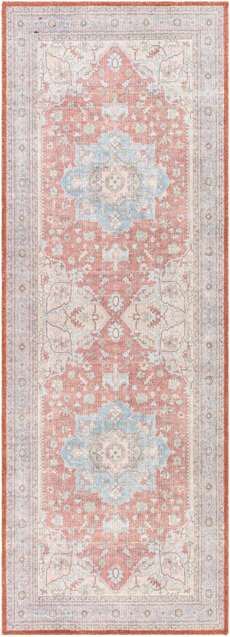 Rust, Blue and Beige Traditional Heriz Medallion Washable Area Rug - Image 20