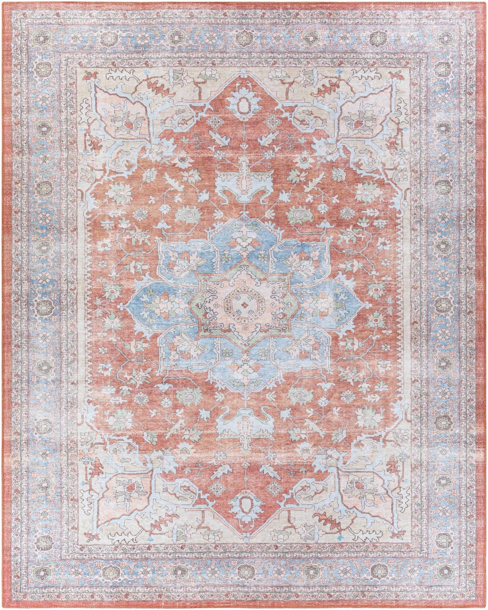 Rust, Blue and Beige Traditional Heriz Medallion Washable Area Rug - Image 22