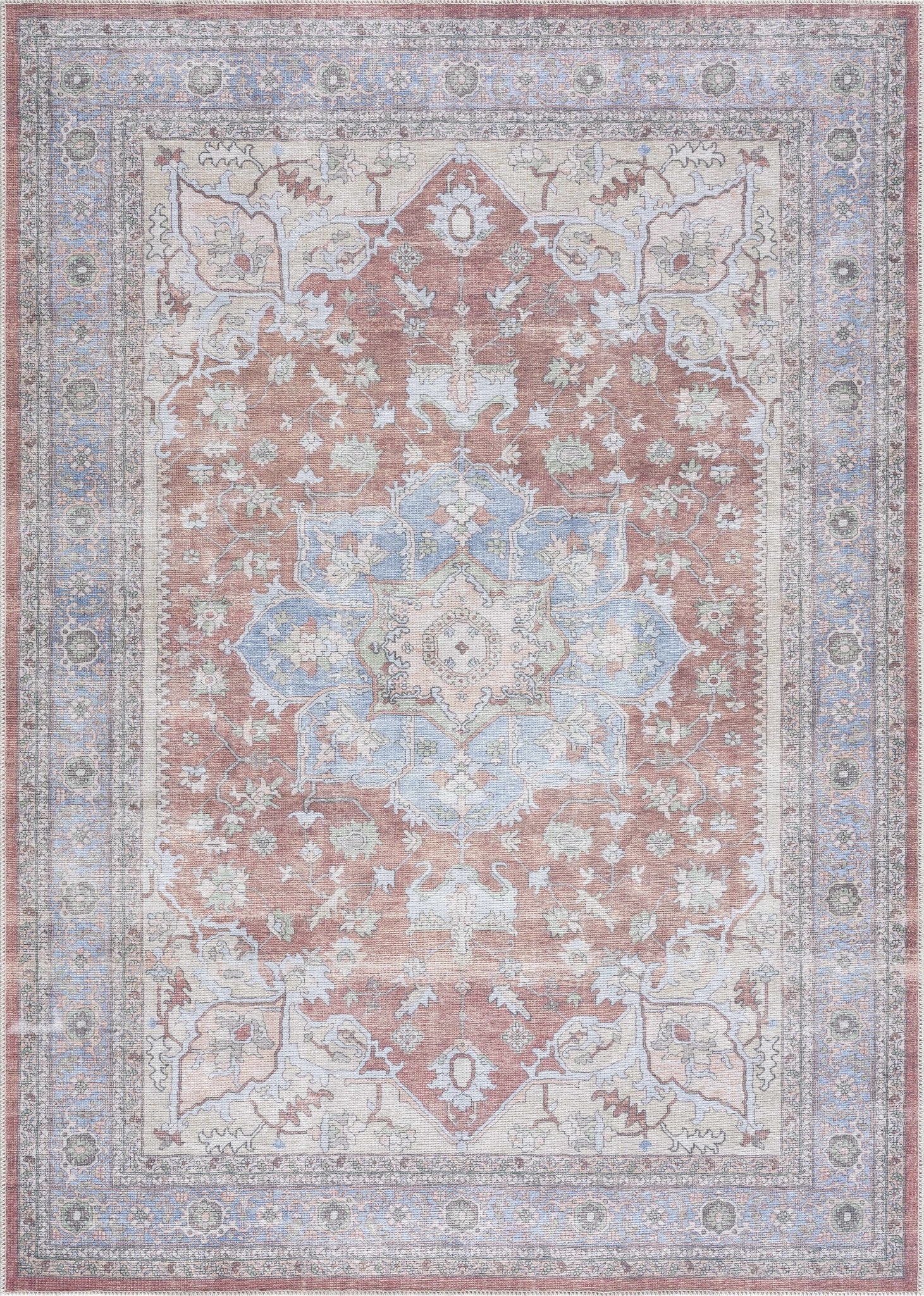 Rust, Blue and Beige Traditional Heriz Medallion Washable Area Rug - Image 3