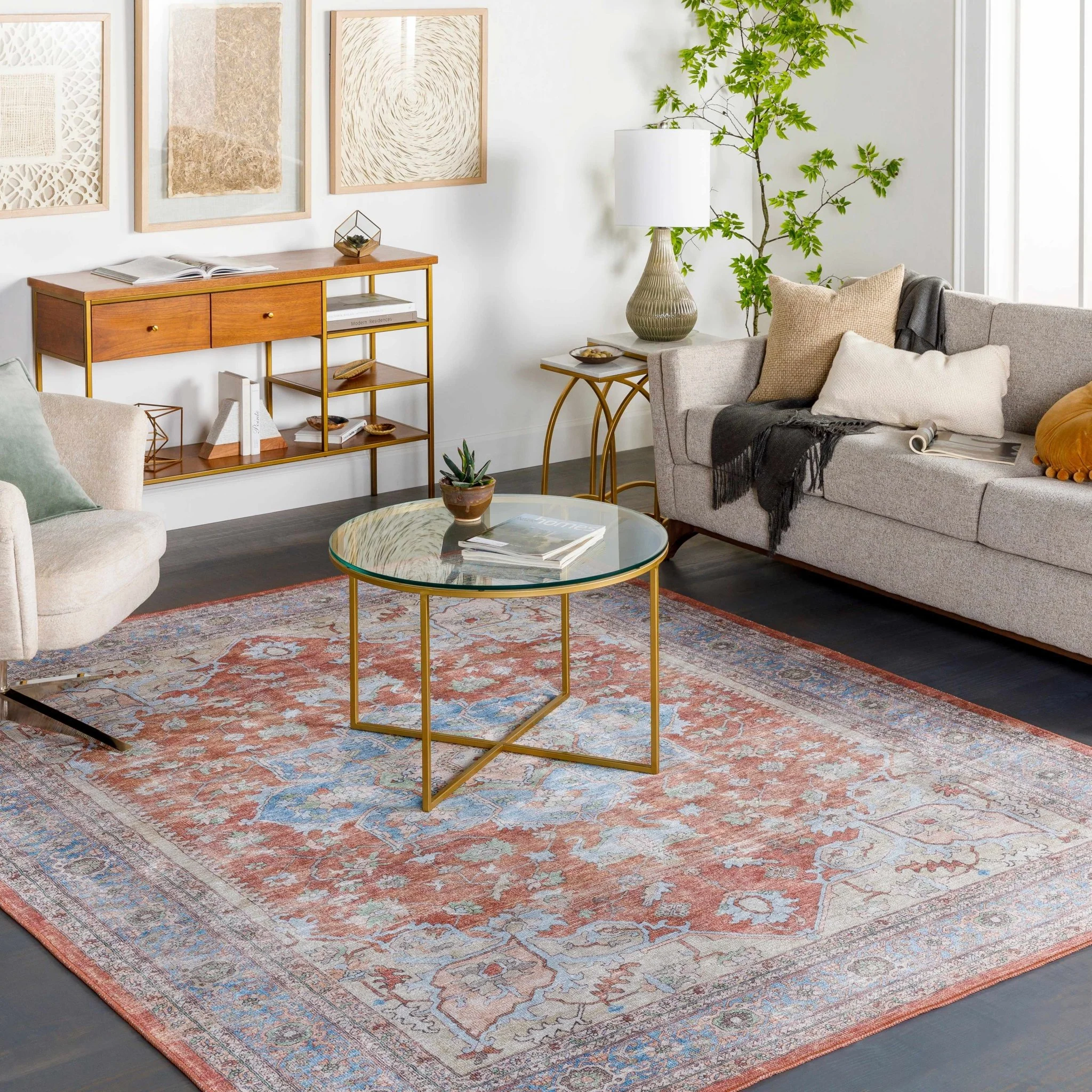 Rust, Blue and Beige Traditional Heriz Medallion Washable Area Rug - Image 4