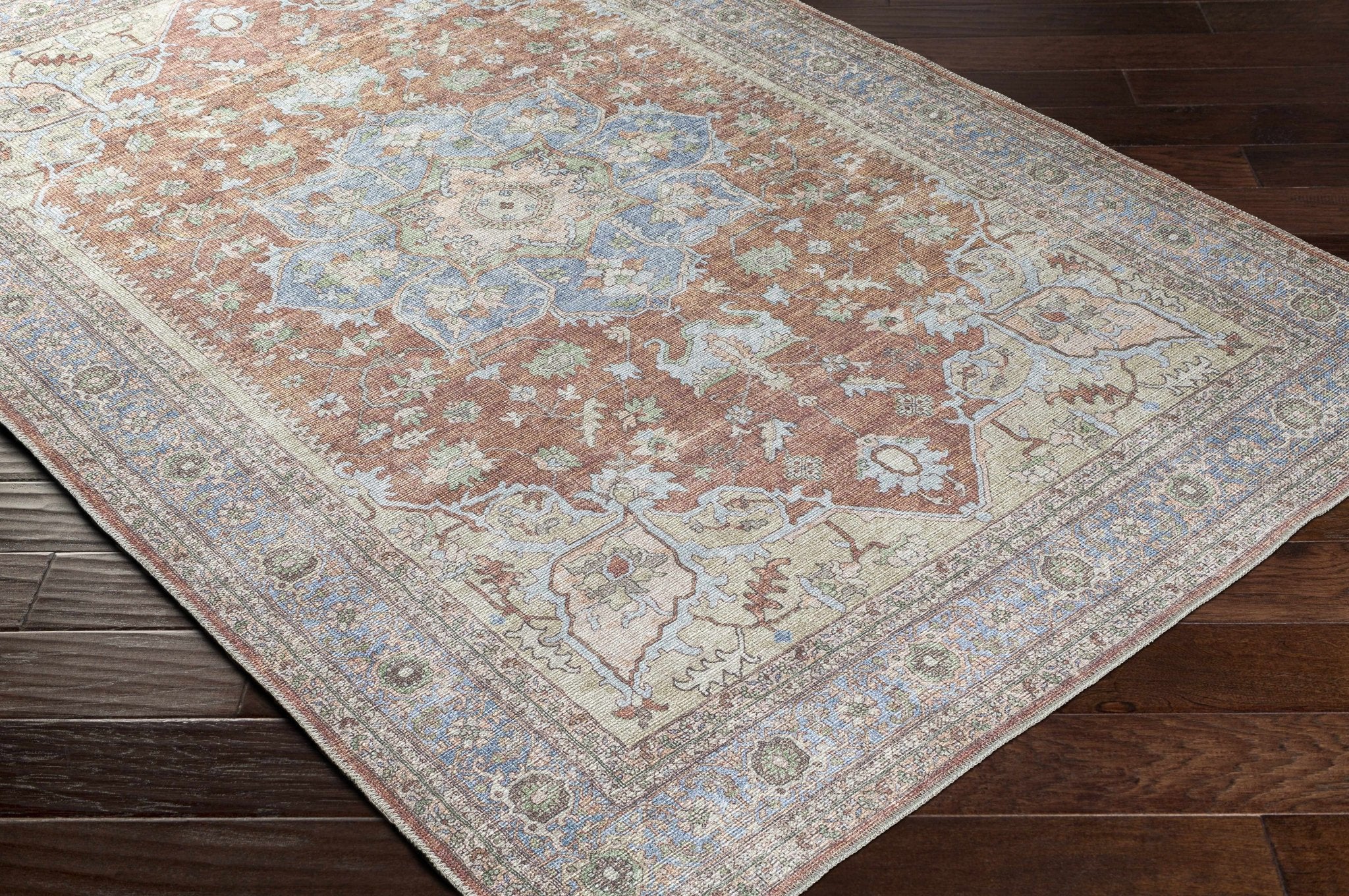 Rust, Blue and Beige Traditional Heriz Medallion Washable Area Rug - Image 5