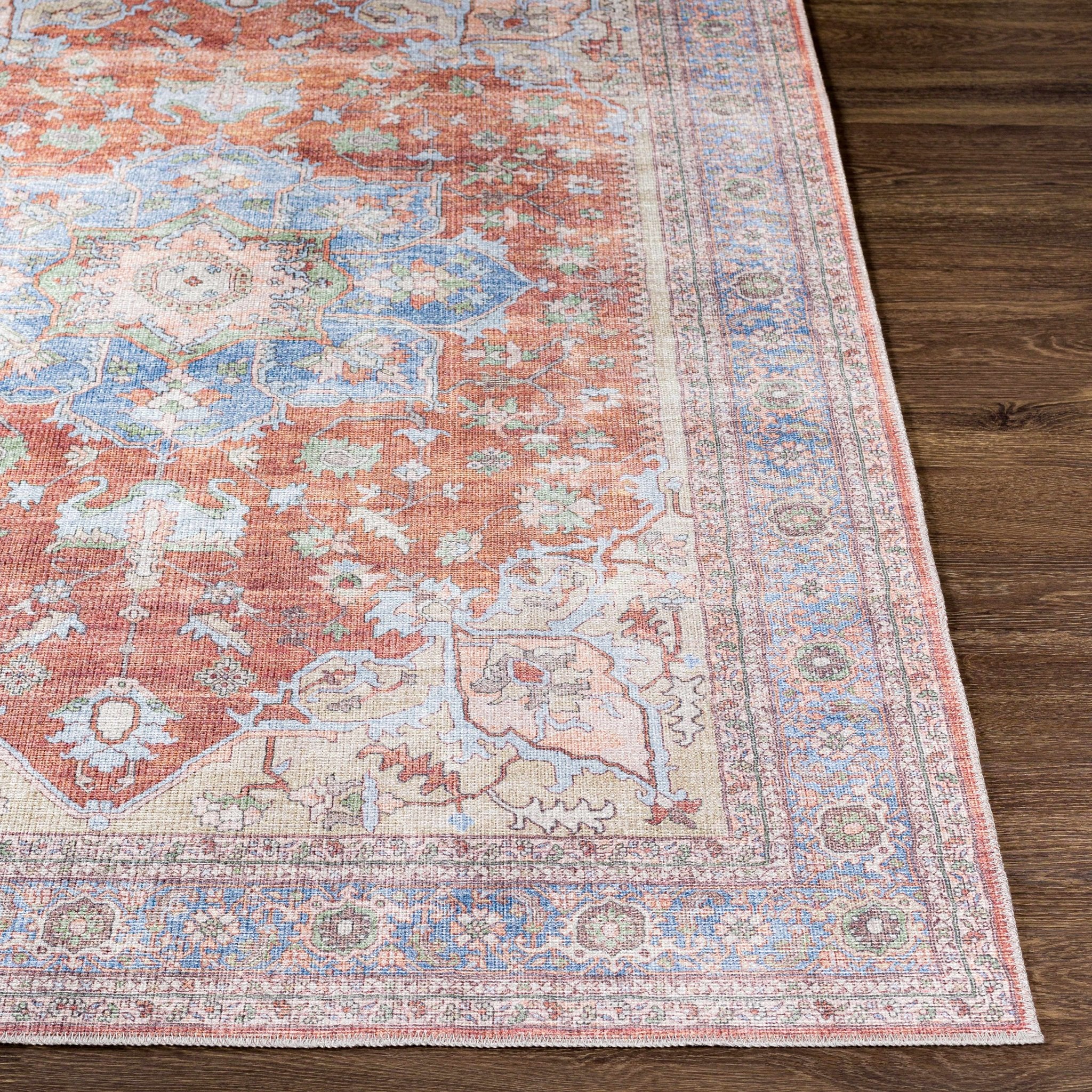 Rust, Blue and Beige Traditional Heriz Medallion Washable Area Rug - Image 6