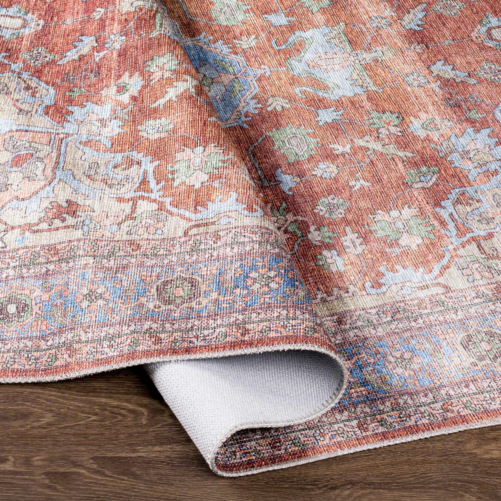 Rust, Blue and Beige Traditional Heriz Medallion Washable Area Rug - Image 7
