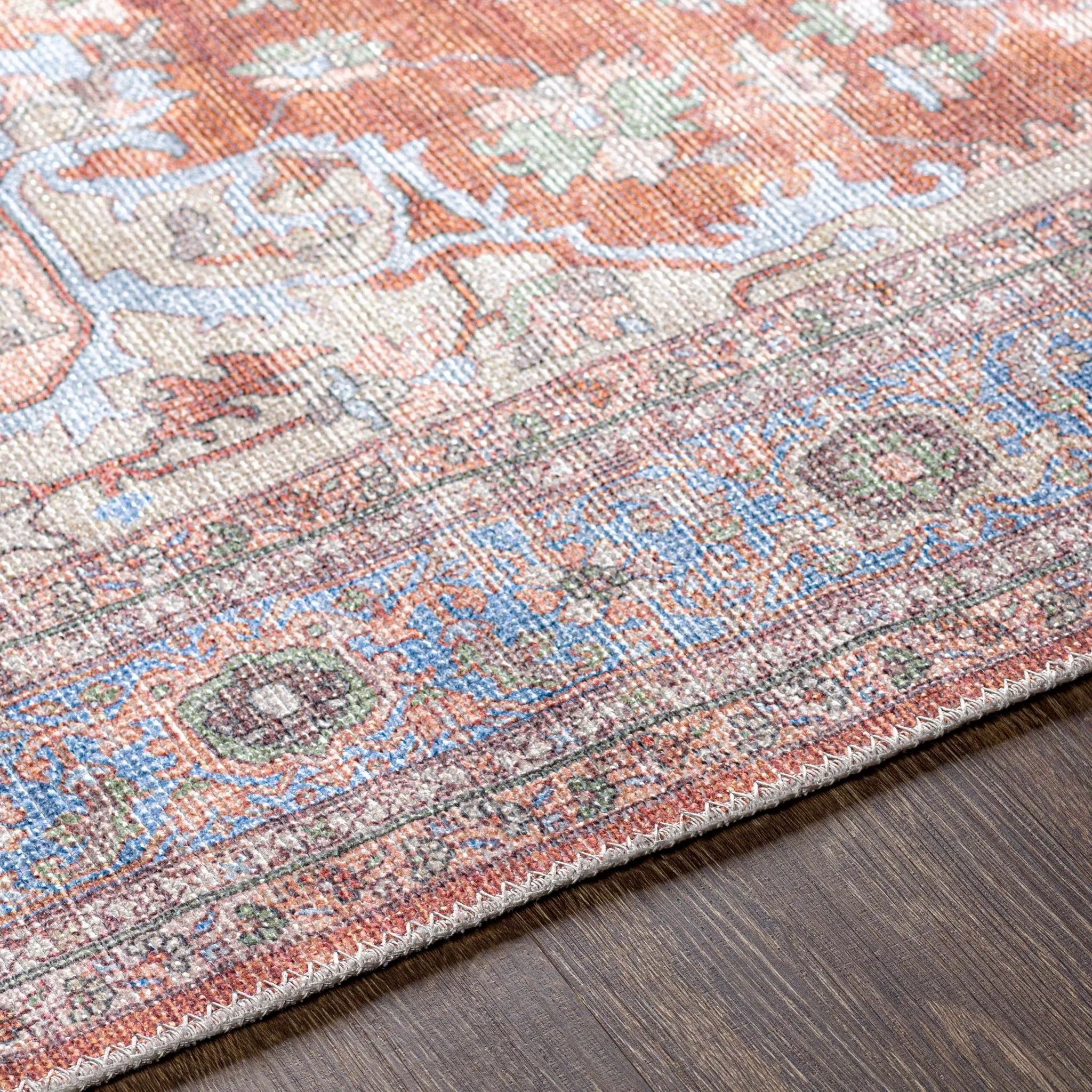 Rust, Blue and Beige Traditional Heriz Medallion Washable Area Rug - Image 8