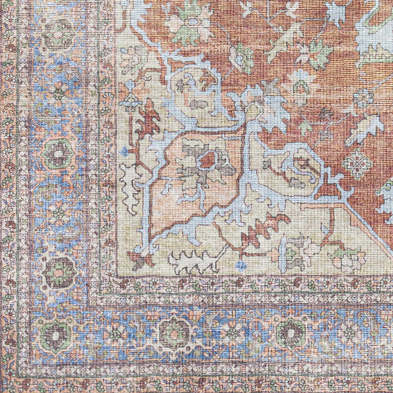 Rust, Blue and Beige Traditional Heriz Medallion Washable Area Rug - Image 9