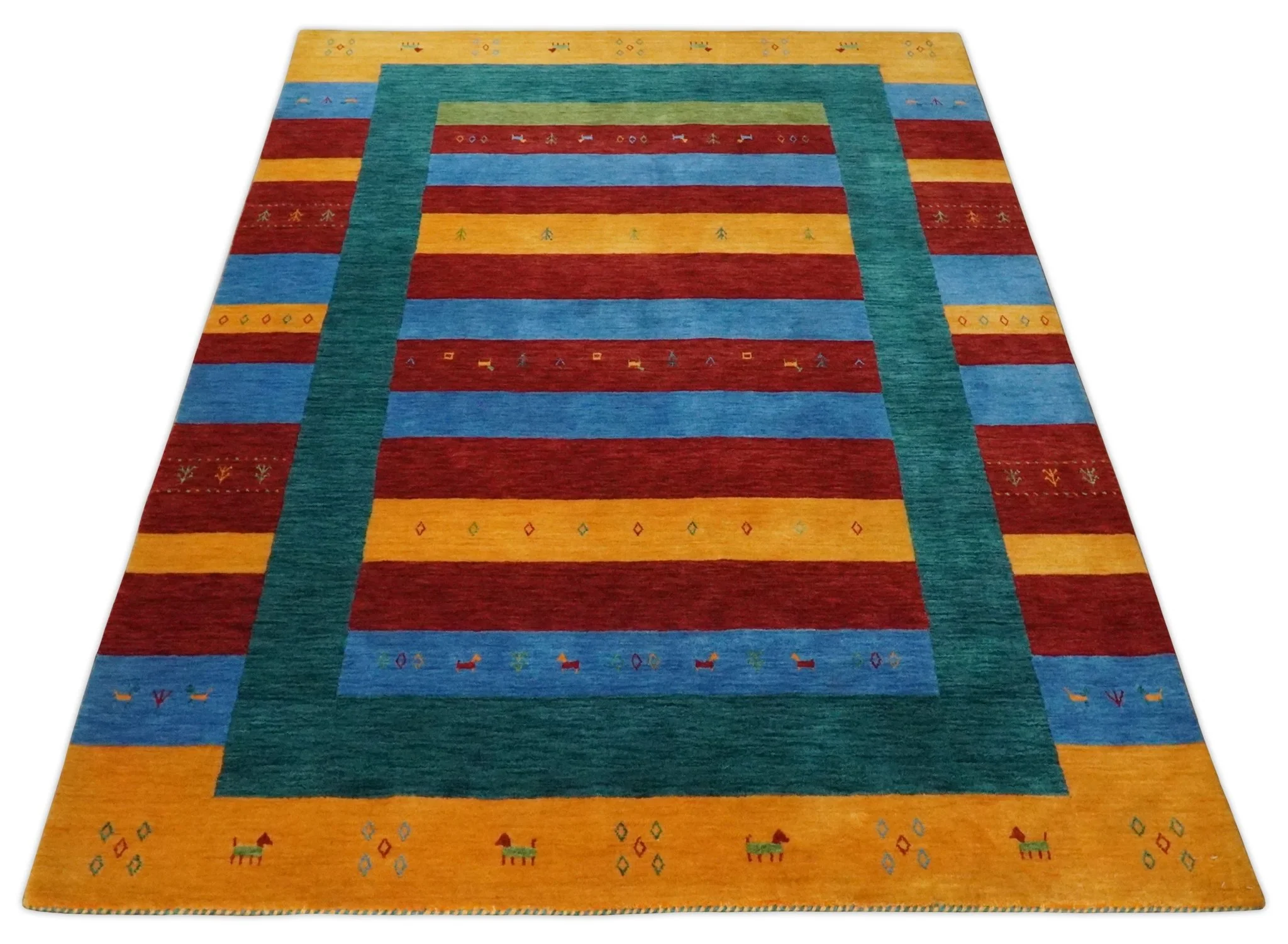 5x8 Vibrant Red, Blue, Yellow and Green Striped Wool Hand Woven Southwestern Lori Rug | KNT17 - Image 10