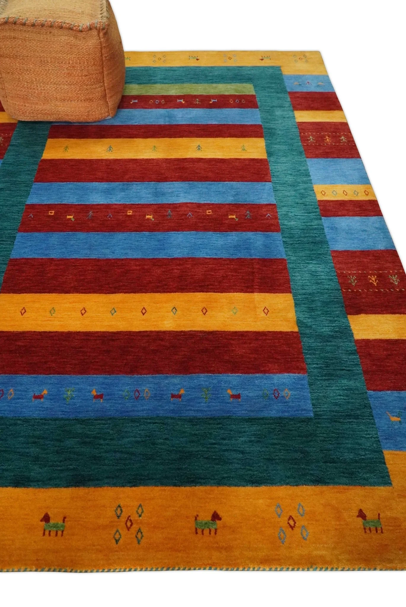 5x8 Vibrant Red, Blue, Yellow and Green Striped Wool Hand Woven Southwestern Lori Rug | KNT17 - Image 3