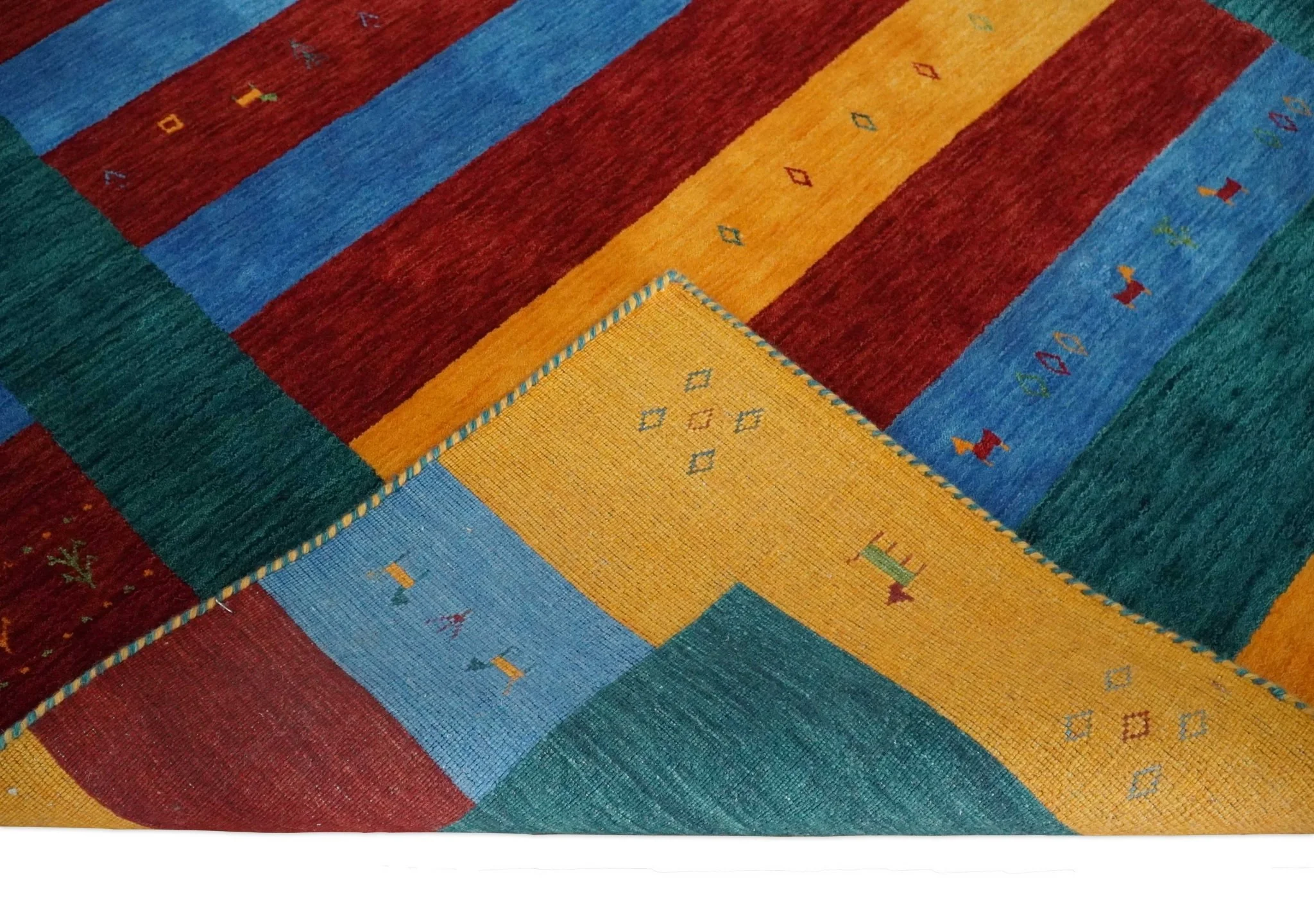 5x8 Vibrant Red, Blue, Yellow and Green Striped Wool Hand Woven Southwestern Lori Rug | KNT17 - Image 7