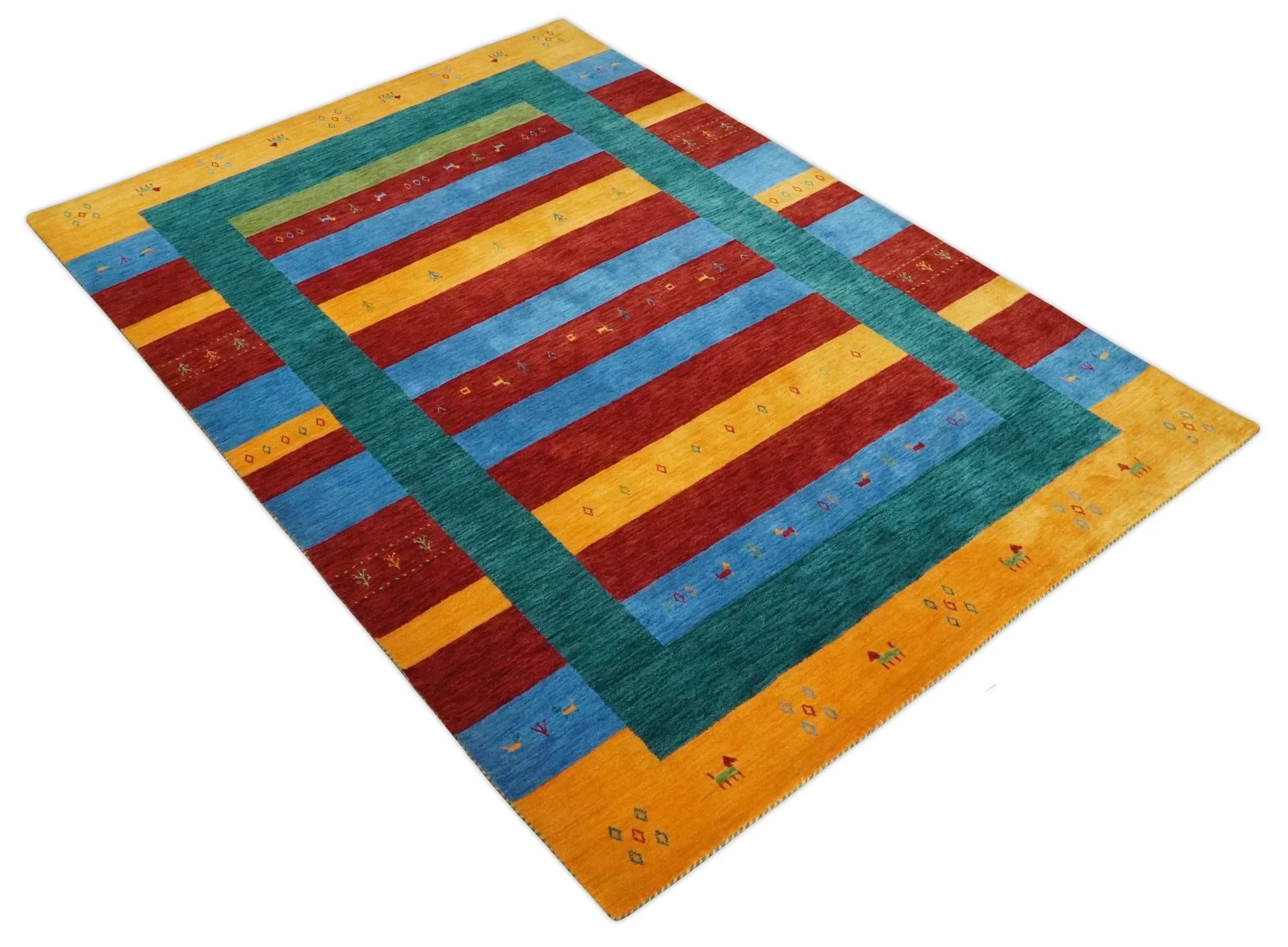 5x8 Vibrant Red, Blue, Yellow and Green Striped Wool Hand Woven Southwestern Lori Rug | KNT17 - Image 9