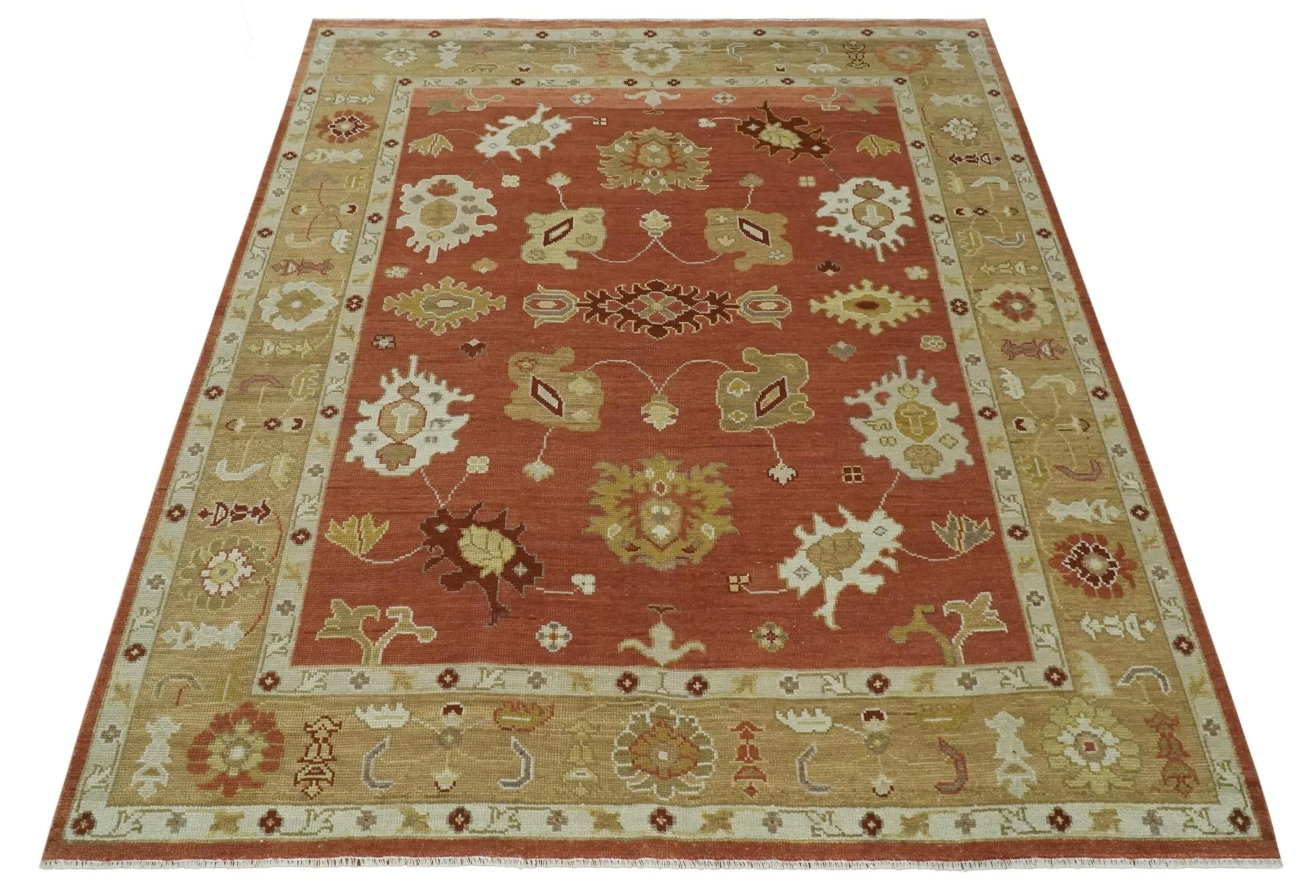 Custom Made Rust, Ivory and Beige Hand Knotted Traditional Oushak Multi Size Wool Area Rug - Image 10