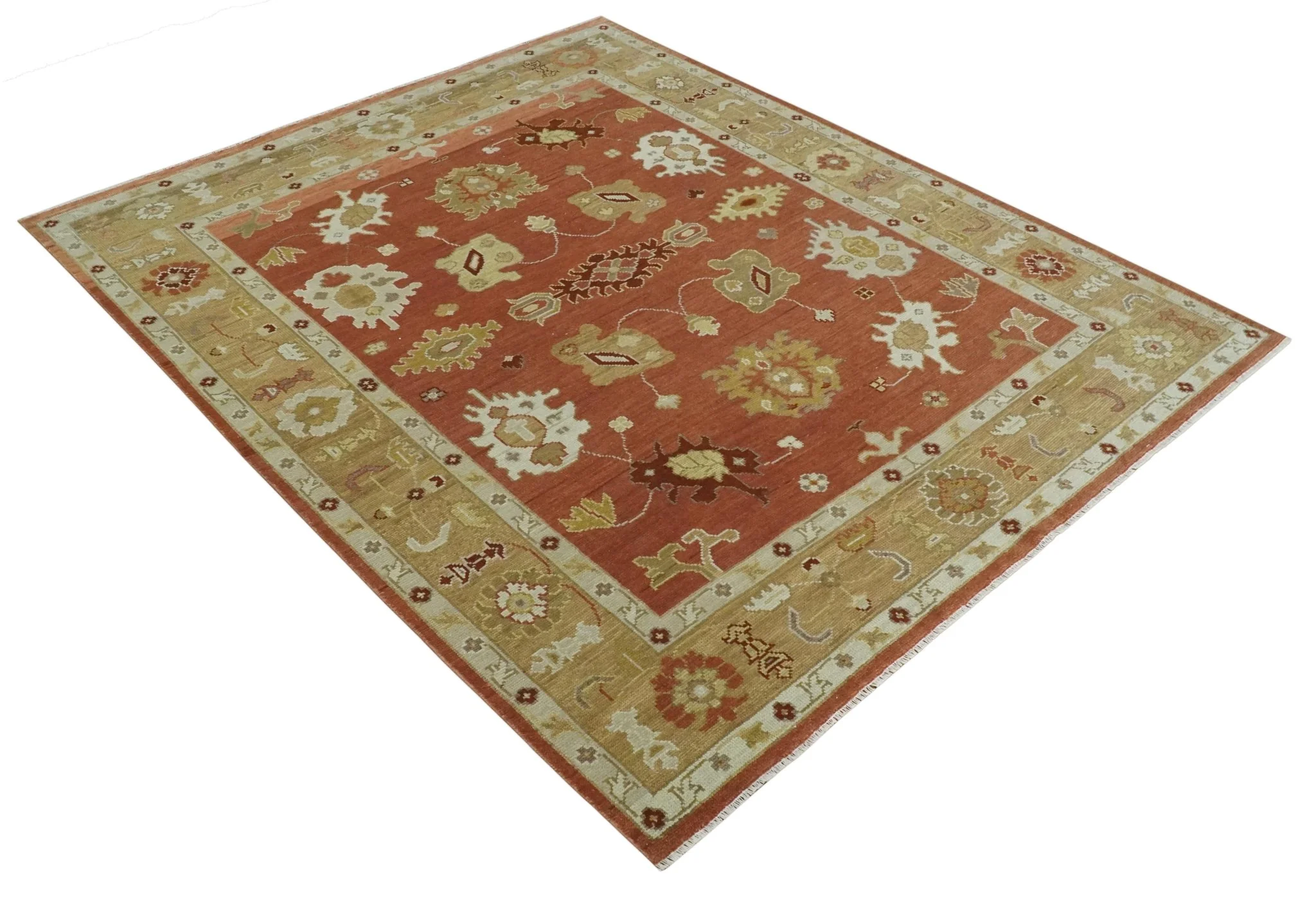 Custom Made Rust, Ivory and Beige Hand Knotted Traditional Oushak Multi Size Wool Area Rug - Image 9