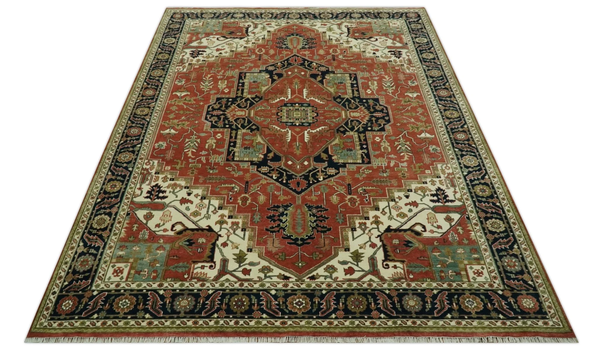 9x12 Rust, Ivory and Blue fine Hand Knotted Traditional Heriz wool area rug - Image 10