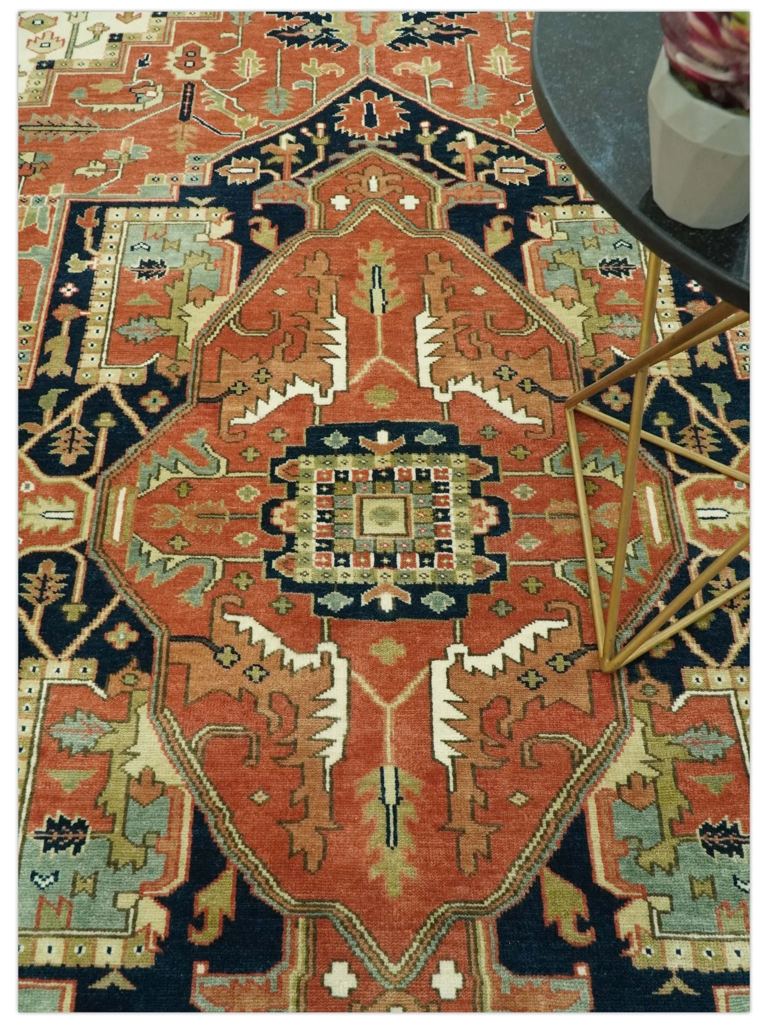 9x12 Rust, Ivory and Blue fine Hand Knotted Traditional Heriz wool area rug - Image 2