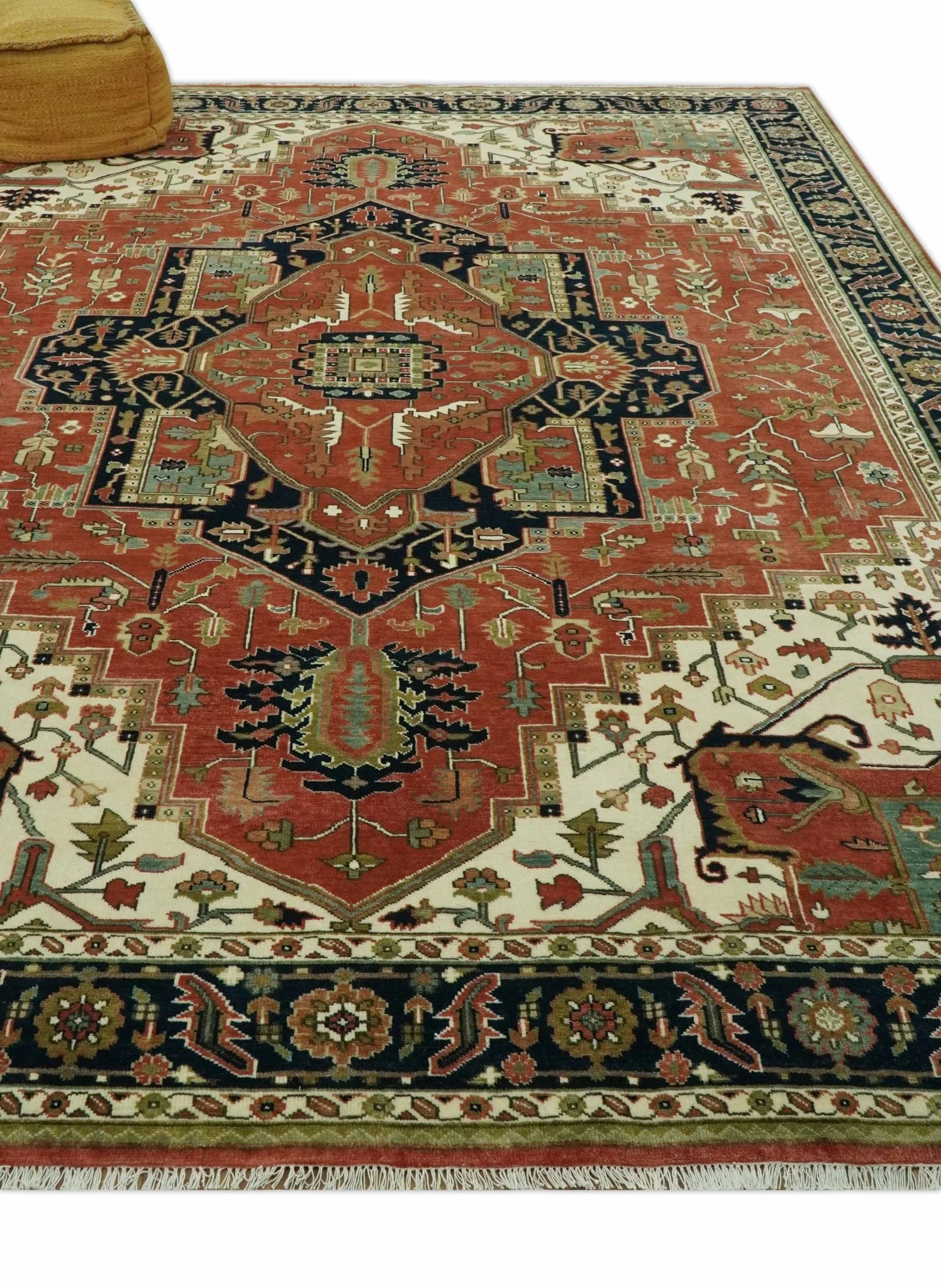9x12 Rust, Ivory and Blue fine Hand Knotted Traditional Heriz wool area rug - Image 3