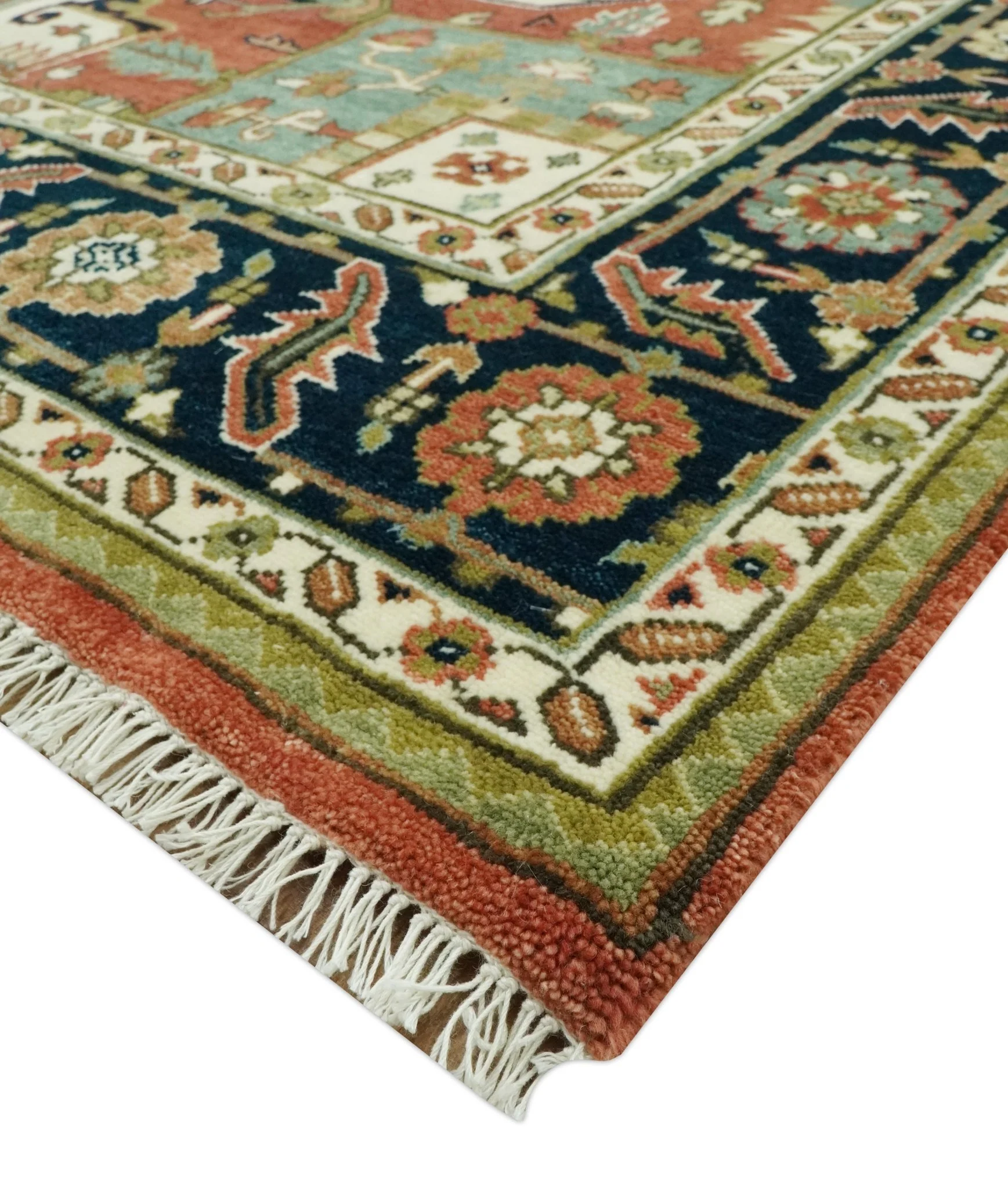 9x12 Rust, Ivory and Blue fine Hand Knotted Traditional Heriz wool area rug - Image 5