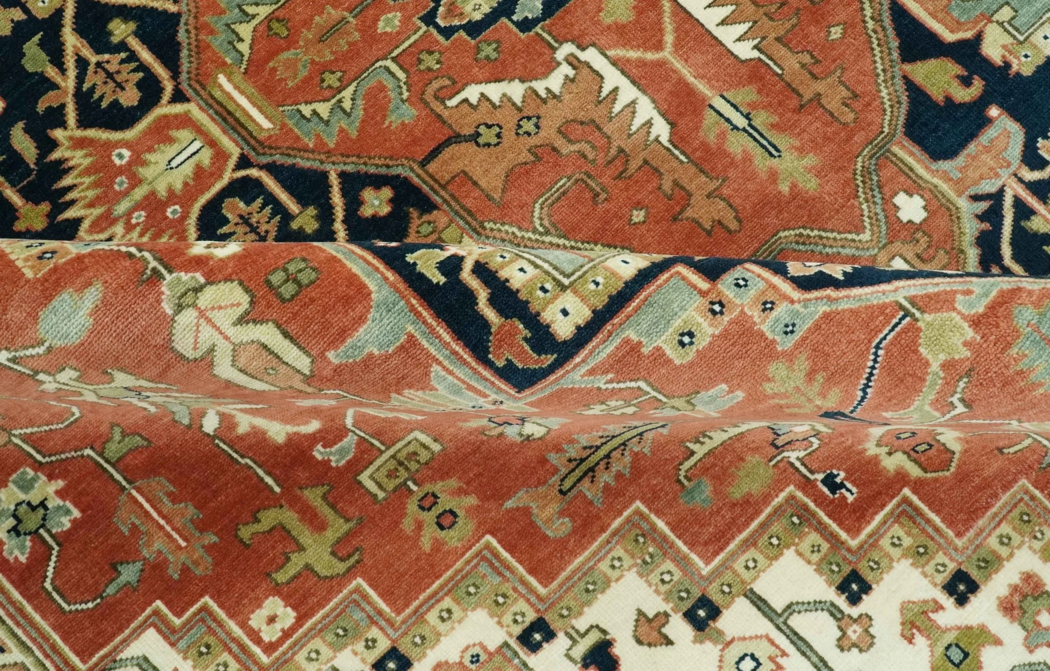 9x12 Rust, Ivory and Blue fine Hand Knotted Traditional Heriz wool area rug - Image 6