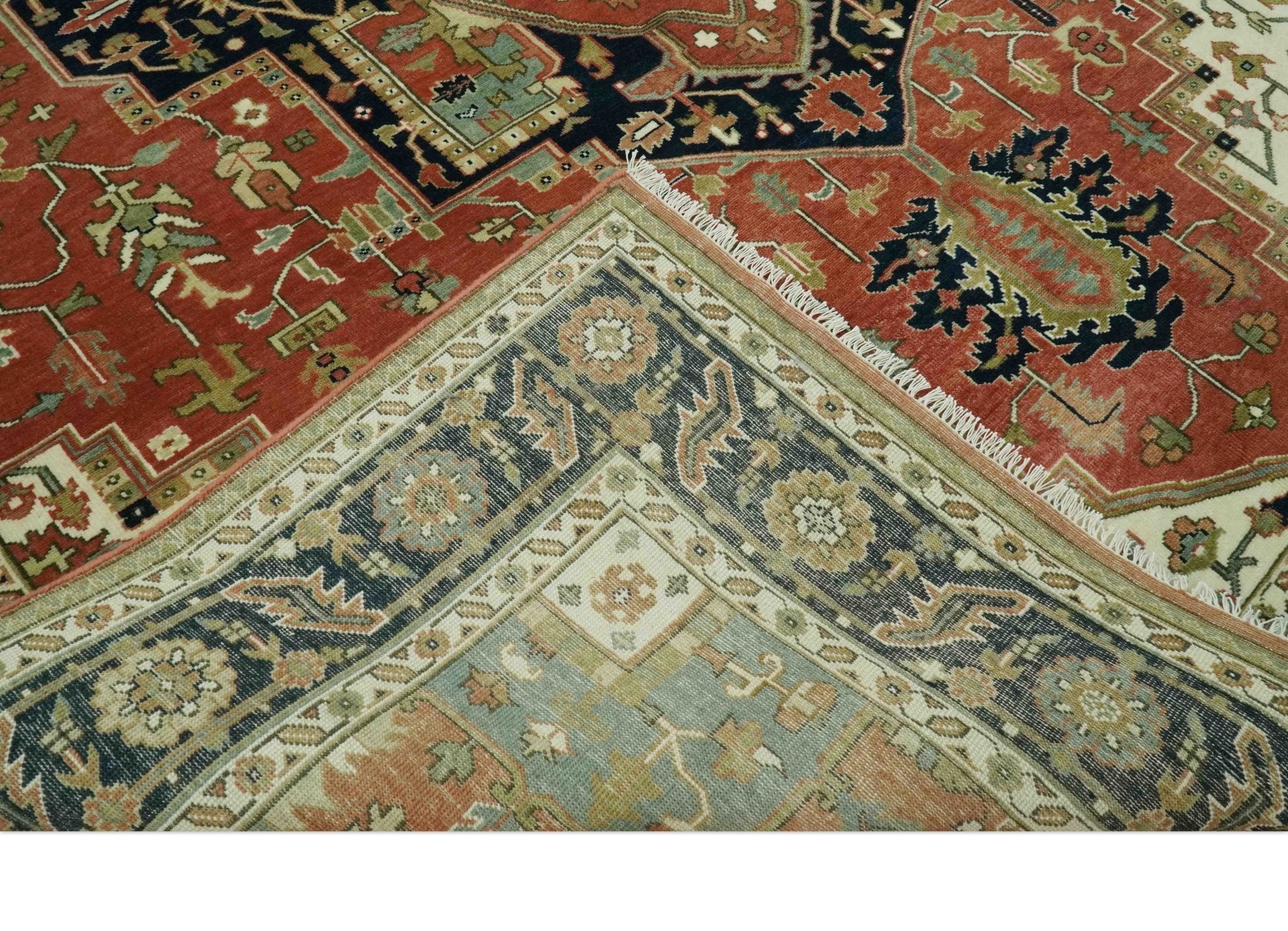 9x12 Rust, Ivory and Blue fine Hand Knotted Traditional Heriz wool area rug - Image 7