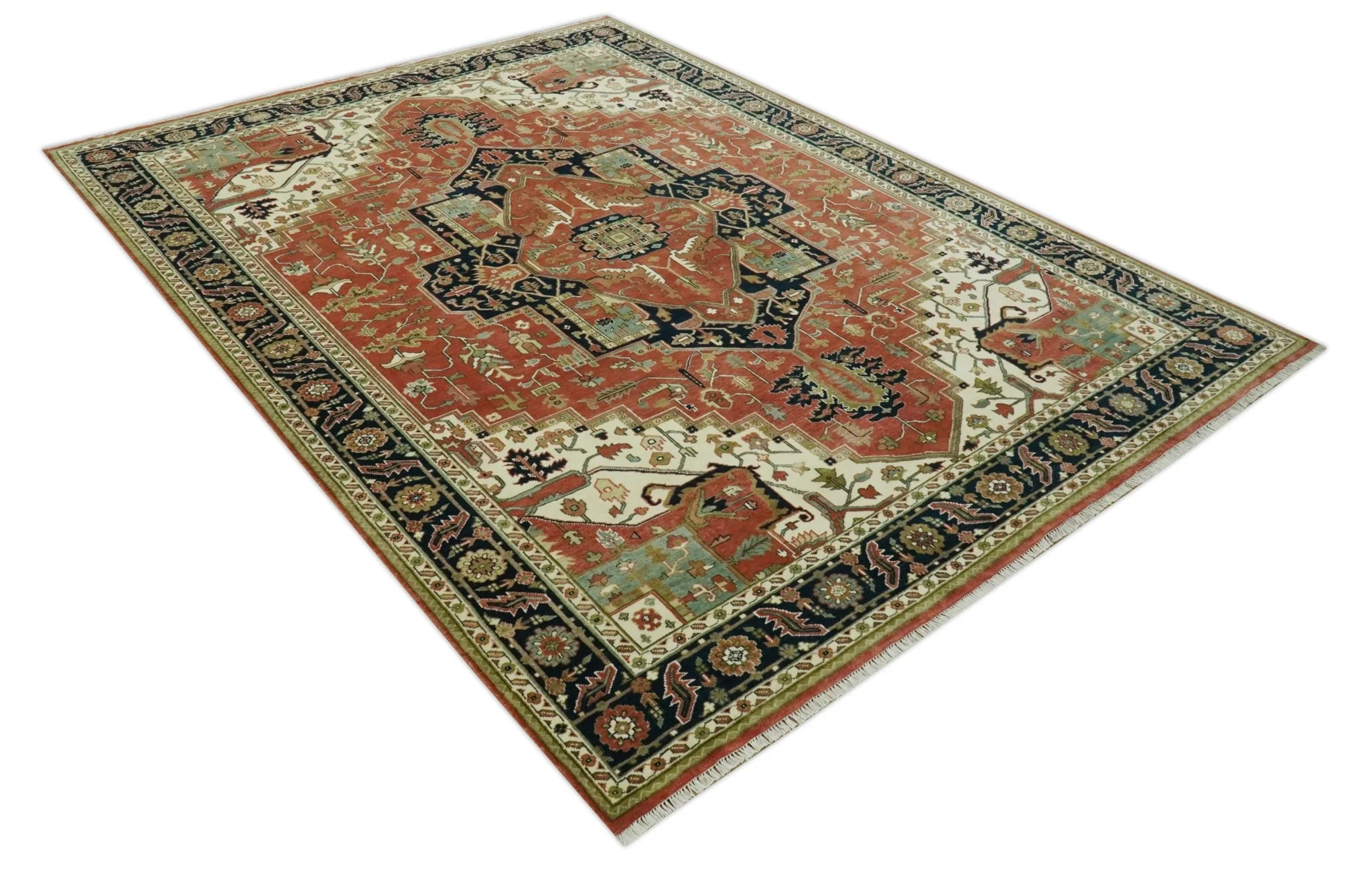 9x12 Rust, Ivory and Blue fine Hand Knotted Traditional Heriz wool area rug - Image 9