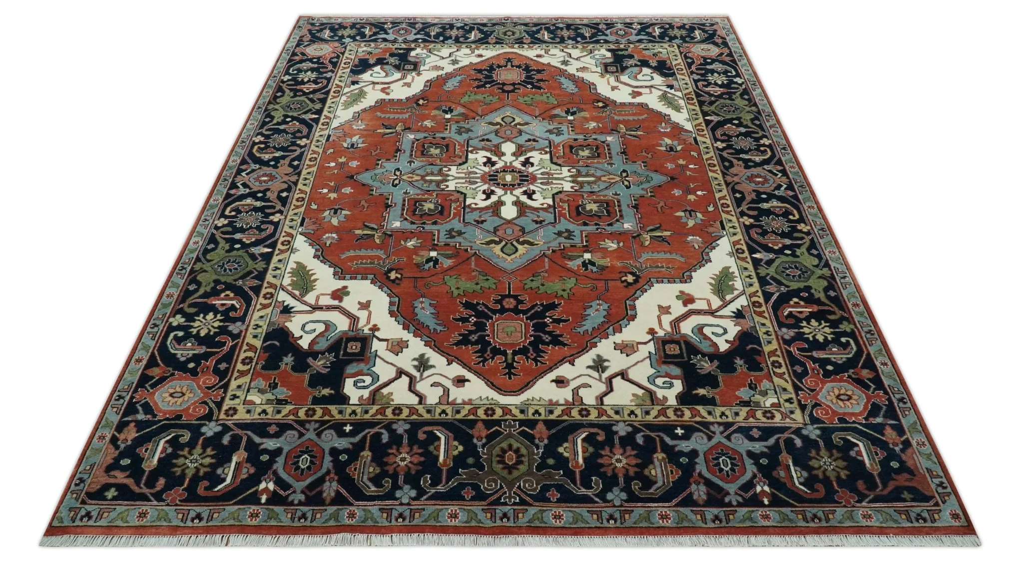 Rust, Ivory and Blue Fine Hand Knotted Traditional Heriz 9x12 wool area rug - Image 10