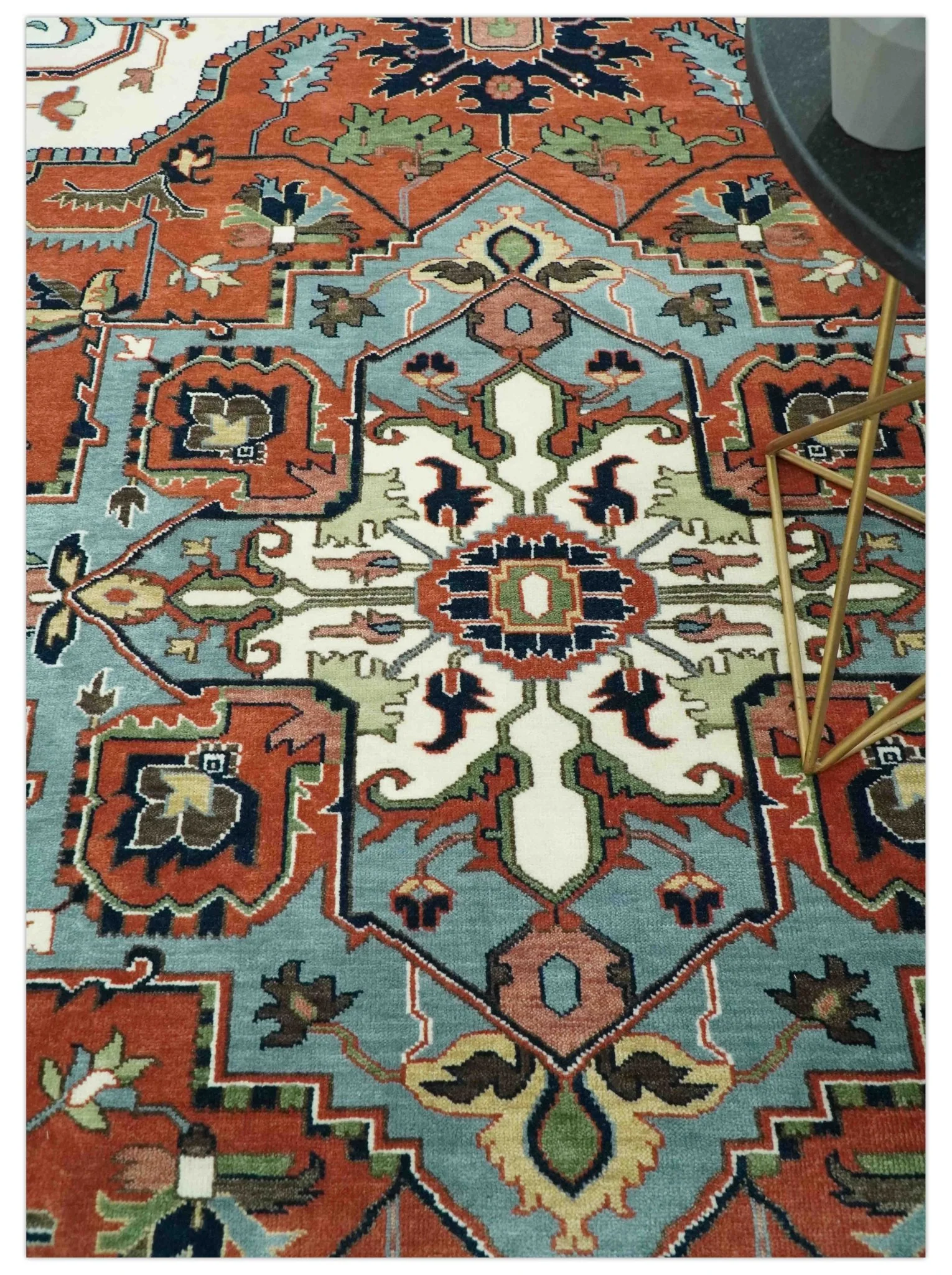 Rust, Ivory and Blue Fine Hand Knotted Traditional Heriz 9x12 wool area rug - Image 2