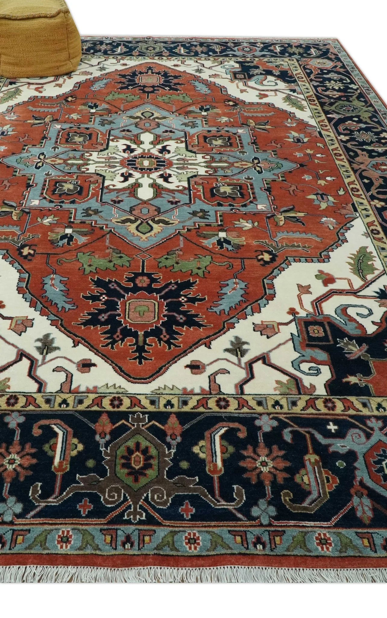 Rust, Ivory and Blue Fine Hand Knotted Traditional Heriz 9x12 wool area rug - Image 3