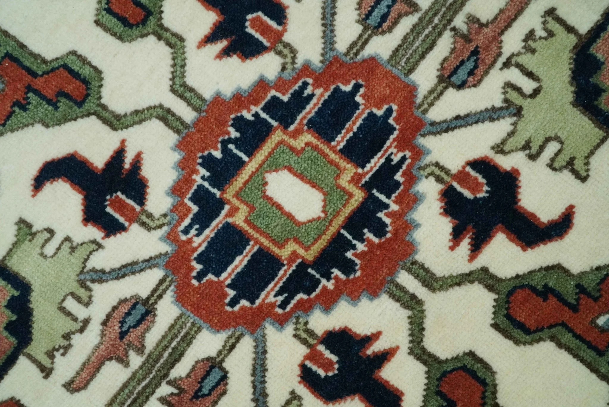 Rust, Ivory and Blue Fine Hand Knotted Traditional Heriz 9x12 wool area rug - Image 4