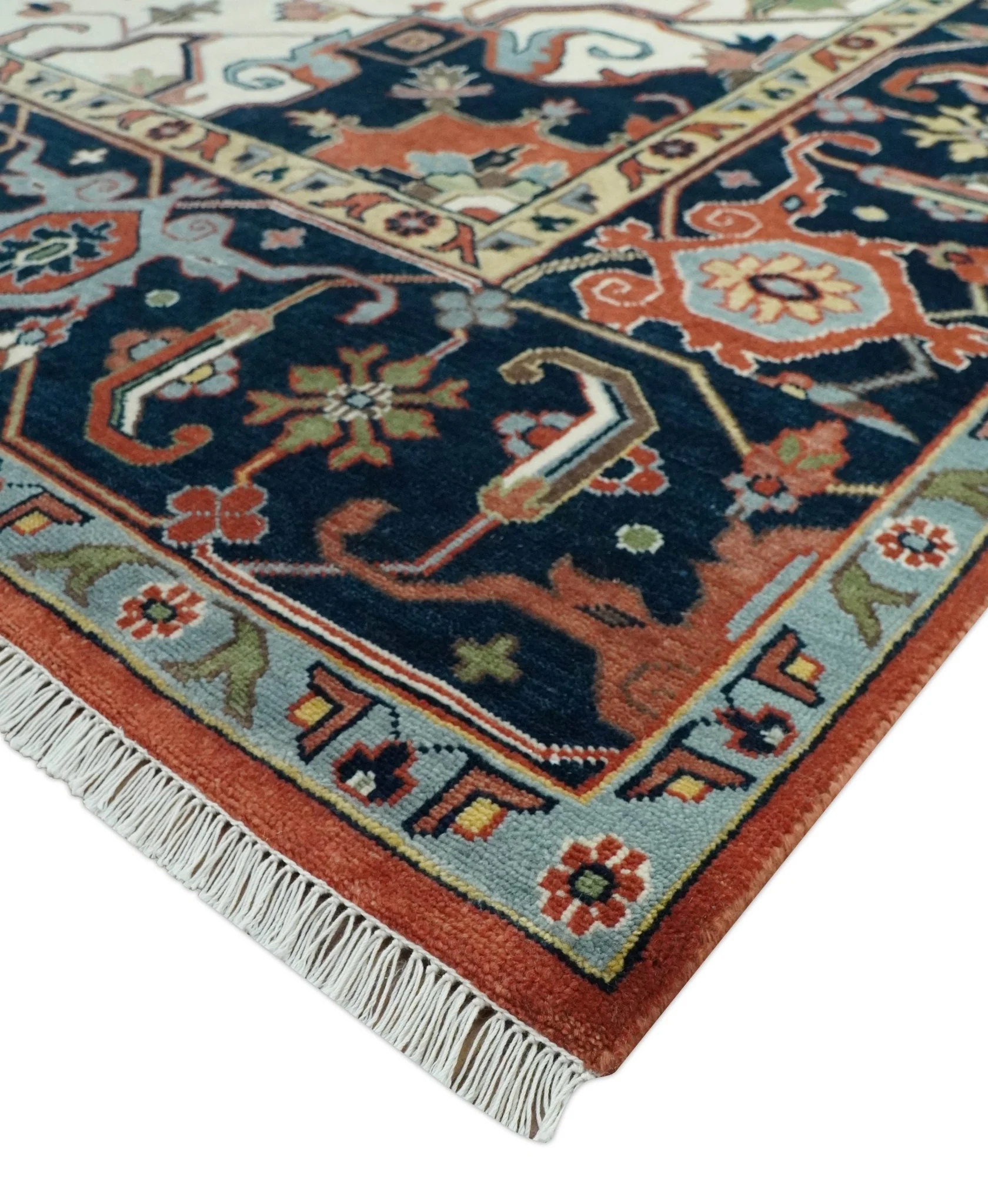 Rust, Ivory and Blue Fine Hand Knotted Traditional Heriz 9x12 wool area rug - Image 5